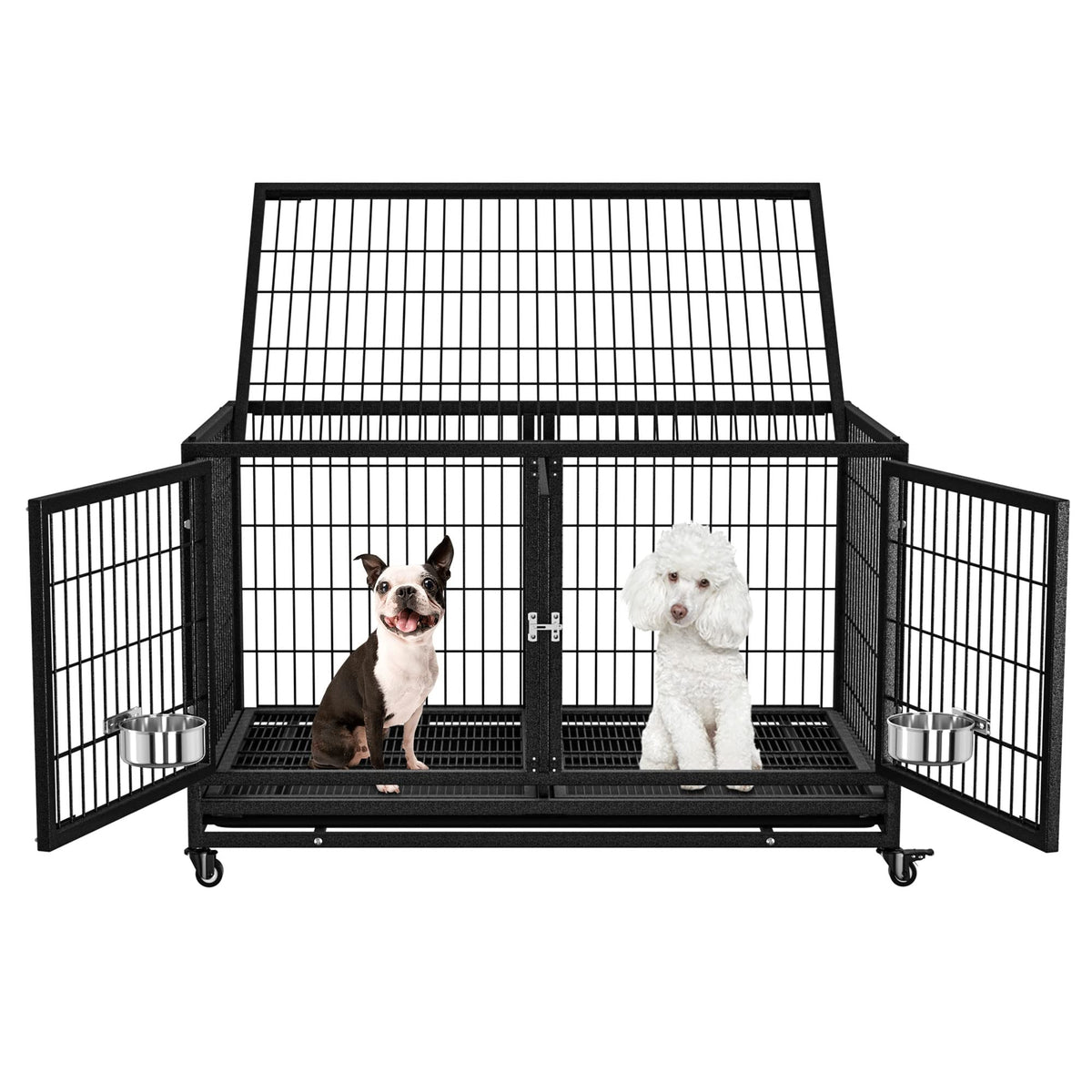 Boldbone 48/43 Inch Heavy Duty Dog Crate With Divider For Large Dogs, Stackable Dog Kennels And Metal Wire Cages With Feeding Bo