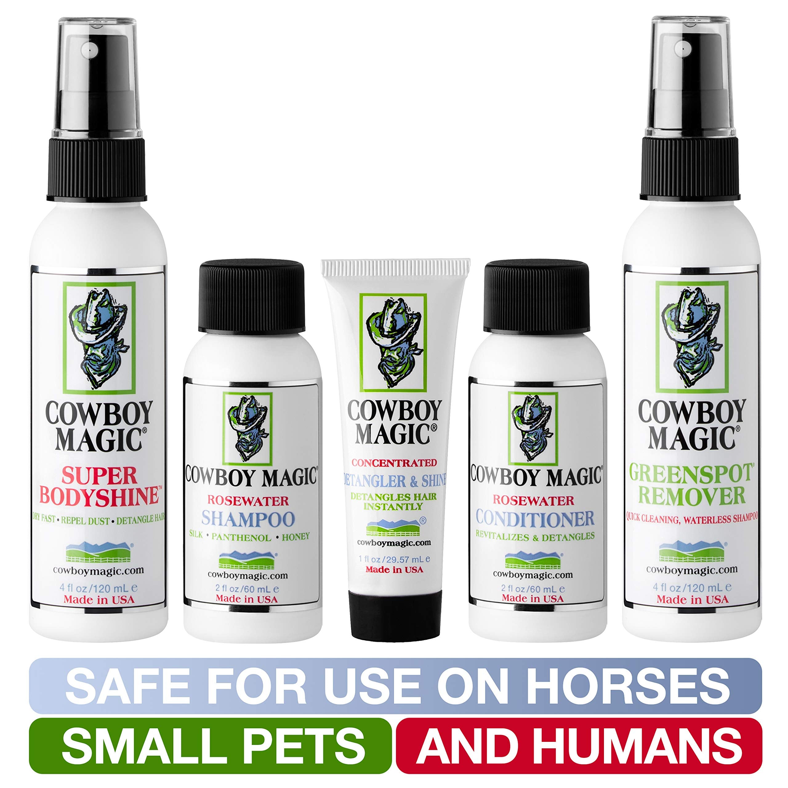Cowboy Magic Shampoo, Conditioner, Detangler & Shine, Super Bodyshine, And Greenspot Remover Sampler Kit