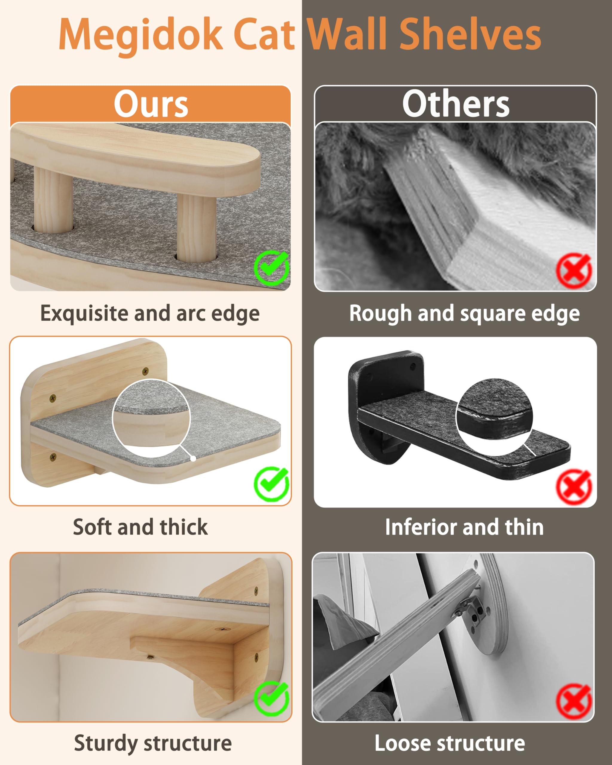 Megidok Cat Wall Furniture Corner Climbing Shelf Perches, Cat Bed Wall Mounted With 3 Wide Steps,Modern Floating Stairs For Wall