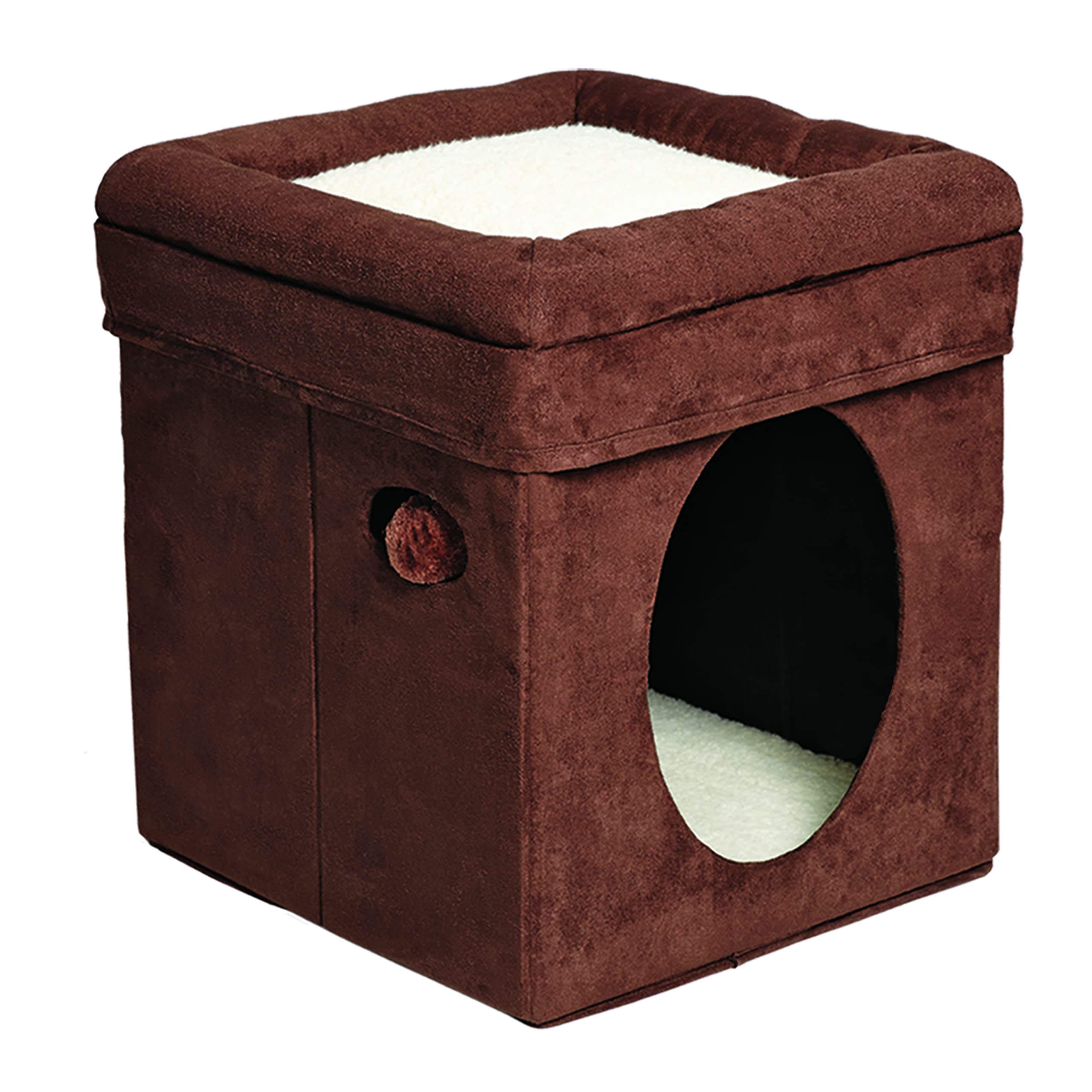Midwest Homes For Pets 137-Br 'The Original' Curious Cat Cube, Cat House / Cat Condo In Brown Faux Suede & Synthetic Sheepskin