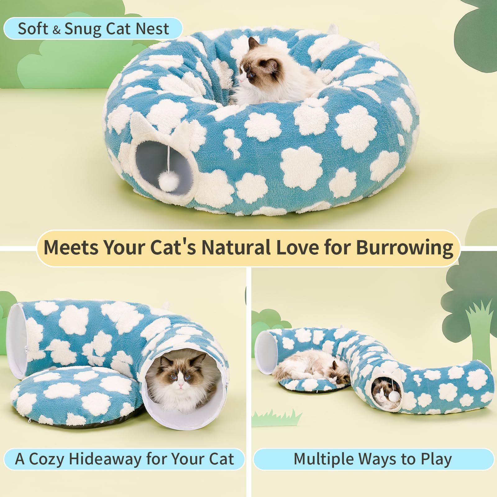 Pesen Cat Tunnel Bed With Soft Cushion, Cat Toys For Indoor Cats Enhance Bonding Between Pets And Owners, Encourage Exploration,