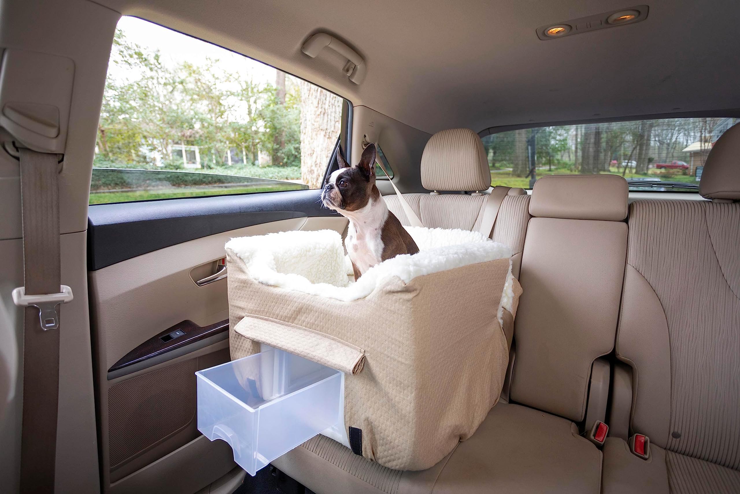 Snoozer Dog Car Seat with Storage Tray: Lookout II Car Seat for Small Dogs Under 25lbs, Size: Medium, Fabric: Birch Diamond, Pet