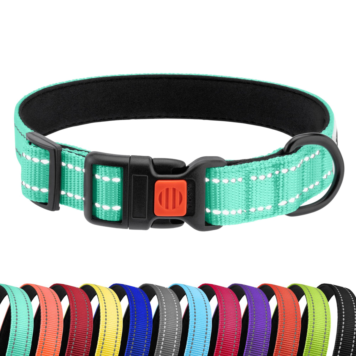 Collardirect Reflective Padded Dog Collar For A Small, Medium, Large Dog Or Puppy With A Quick Release Buckle - Boy And Girl - Nylon Suitable For Swimming (18-26 Inch, Mint Green)