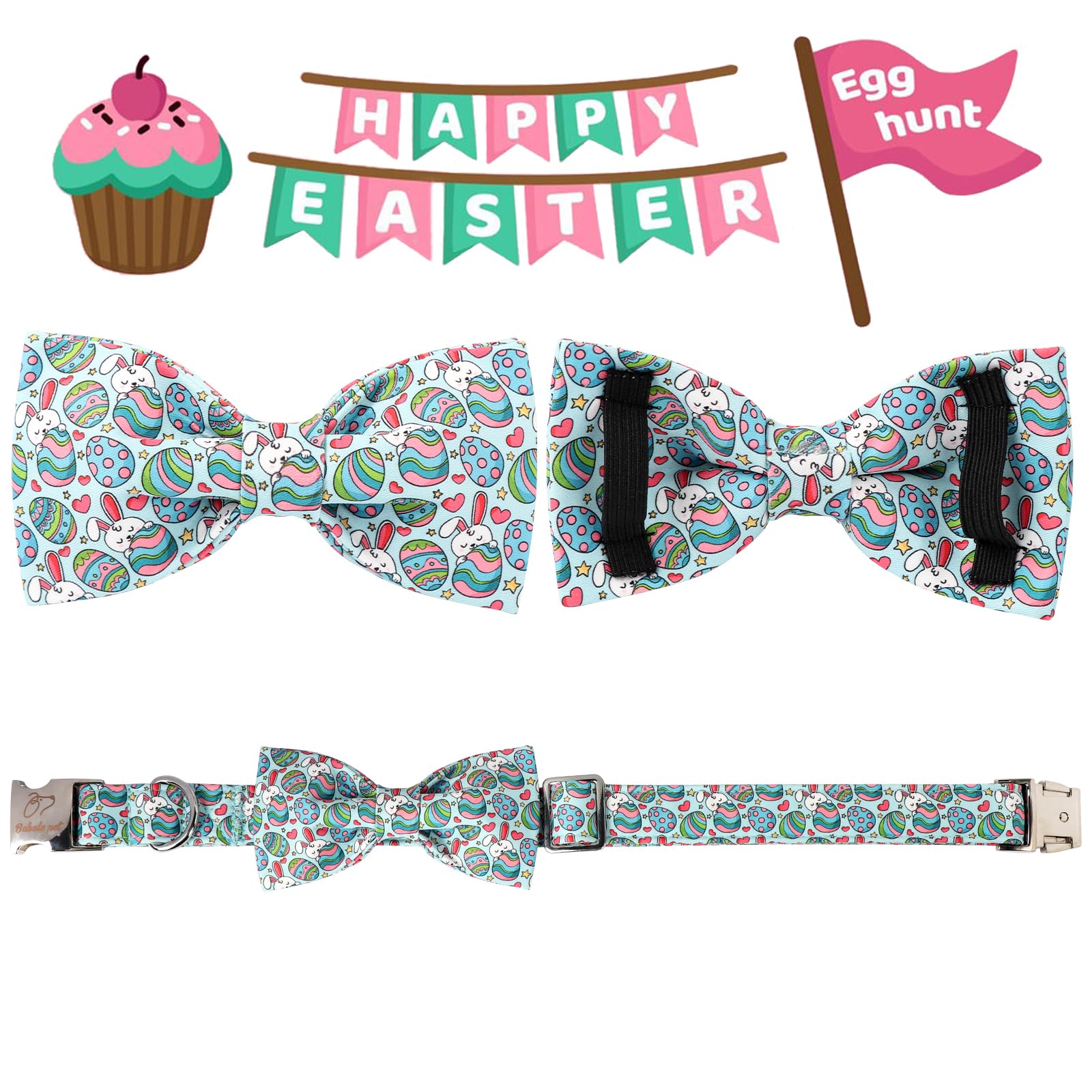 Babole Pet Easter Dog Collar With Bow Tie, Eggs Bowtie With Safety Metal Buckle, Cute Boy Girl Bunny Collar For Large Dogs, Xl