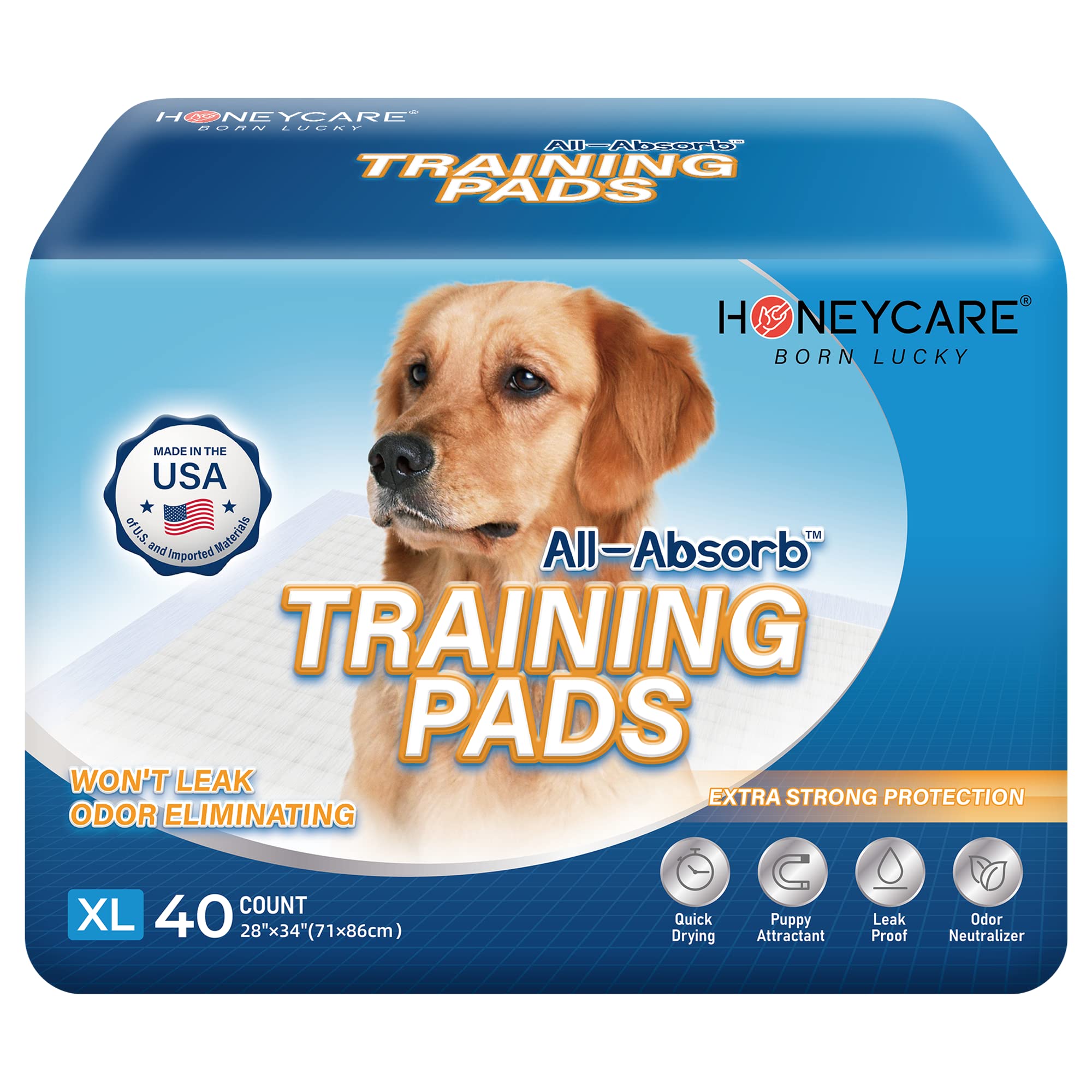 Honey Care All-Absorb, X-Large 28'' X 34'', 40 Count, Dog And Puppy Training Pads, Ultra Absorbent And Odor Eliminating, Leak-Pr