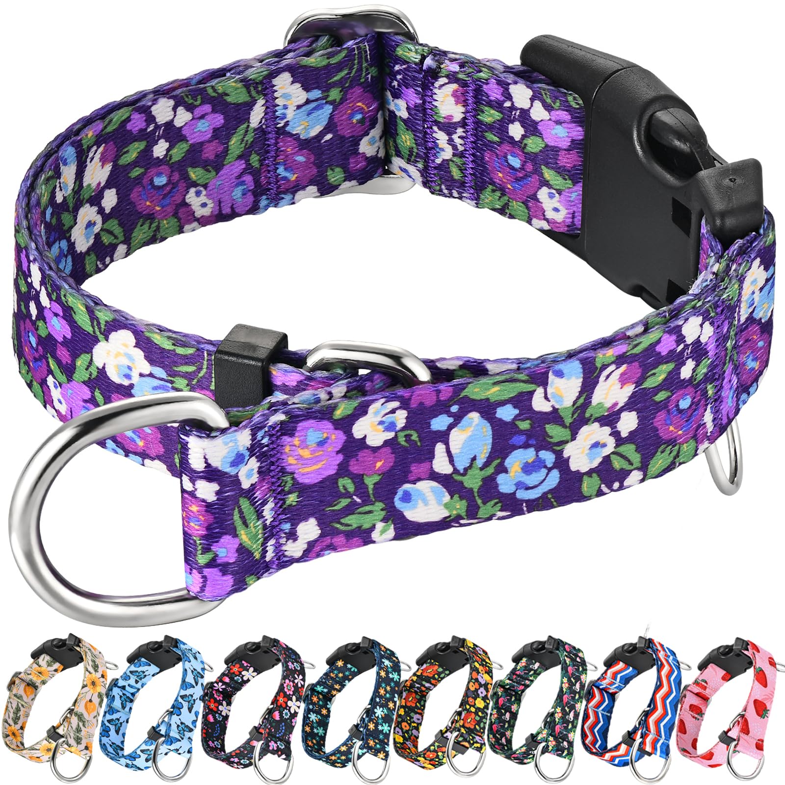 Fidohug Martingale Collar For Dogs With Buckle Floral No Pull Training Dog Collars (Purple Floral, Medium)