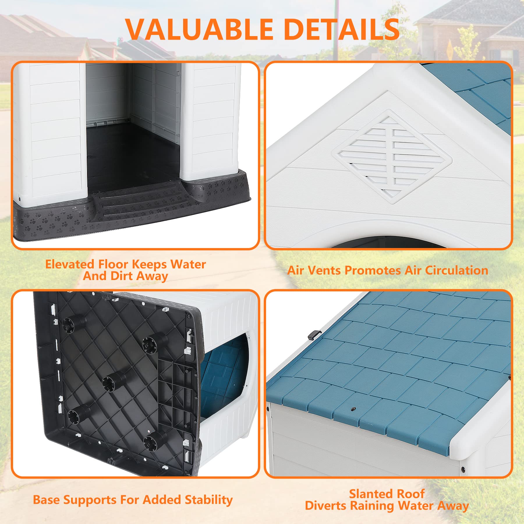 Large Plastic Dog House Indoor Outdoor Doghouse Dog Kennel Easy To Assemble Puppy Shelter W/Air Vents Elevated Floor Waterproof