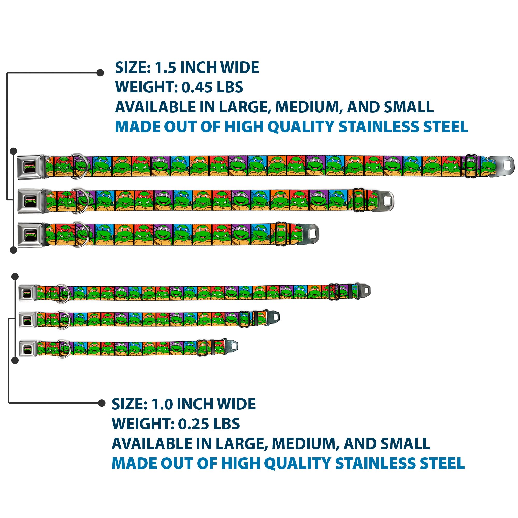 Buckle-Down Seatbelt Buckle Dog Collar - Classic Tmnt Face Blocks Black/Multi Color - 1' Wide - Fits 11-17' Neck - Medium