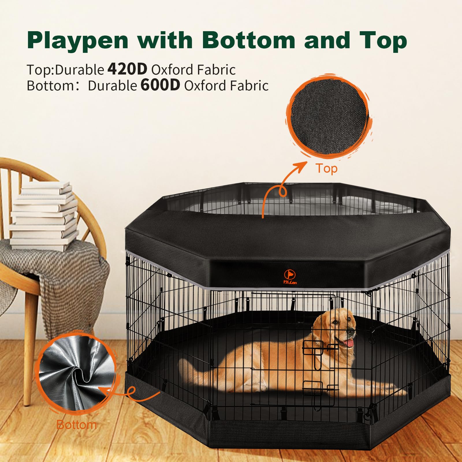 Pjyucien Dog Playpen - Metal Foldable Dog Exercise Pen, Pet Fence Puppy Crate Kennel Indoor Outdoor With 8 Panels 24”H & Top Cover And Bottom Pad For Small Medium Pets
