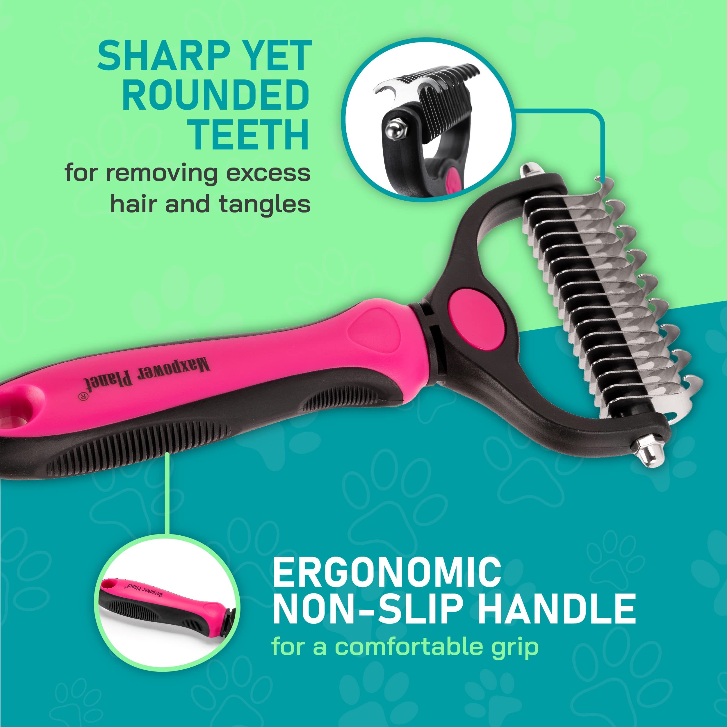 Maxpower Planet Pet Grooming Brush - Double Sided Shedding, Dematting Undercoat Rake For Dogs, Cats - Extra Wide Dog Grooming Brush, Dog Brush For Shedding, Cat Brush, Reduce Shedding By 95%, Pink