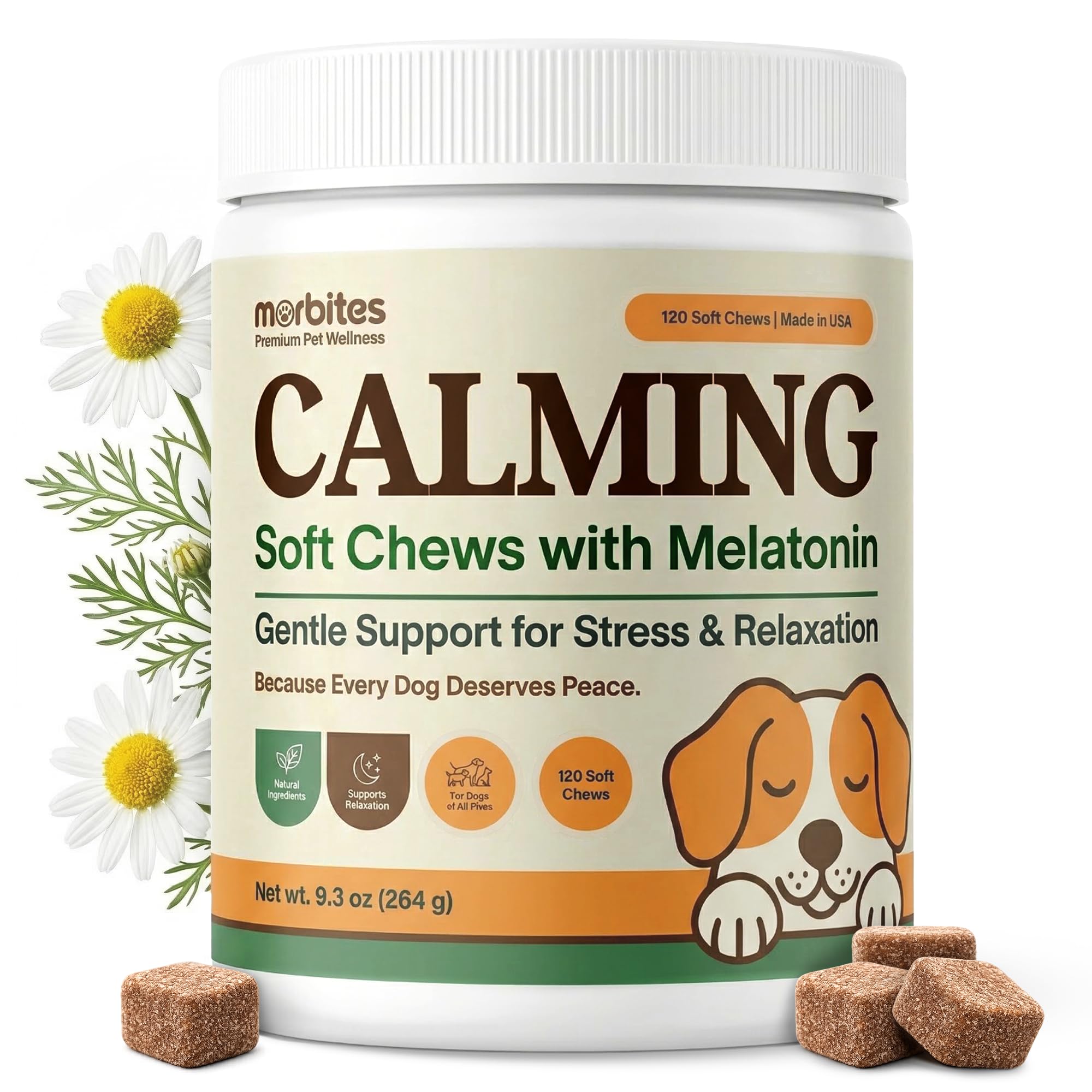 MORBITES Calming Soft Chews for Dogs with Melatonin & L-Theanine - Daily Emotional Wellness Support - 120 Count