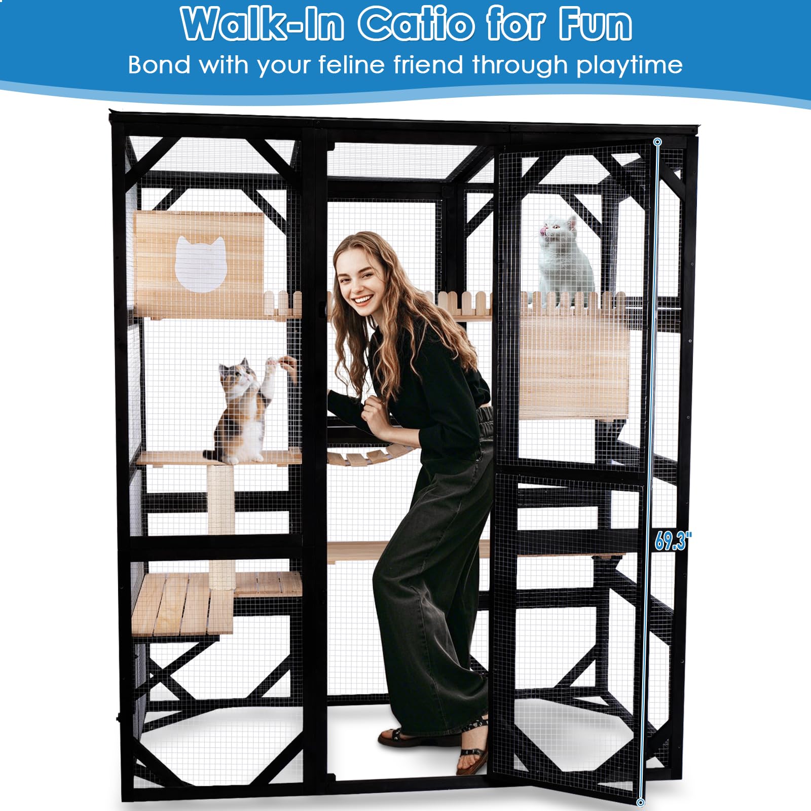 Funxplore Large Catio Outdoor Cat Enclosure Window 73'' H Walk-In Cat House Kitty Cage For Multiple Indoor Outdoor Cats Outside