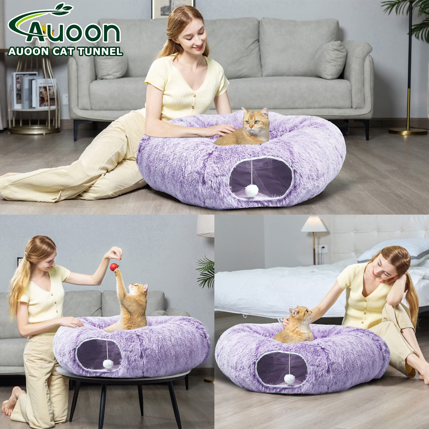 Auoon Cat Tunnel Bed With Central Mat,Big Tube Playground Toys,Soft Plush Material,Full Moon Shape For Kitten,Cat,Puppy,Rabbit,Ferret (Purple)