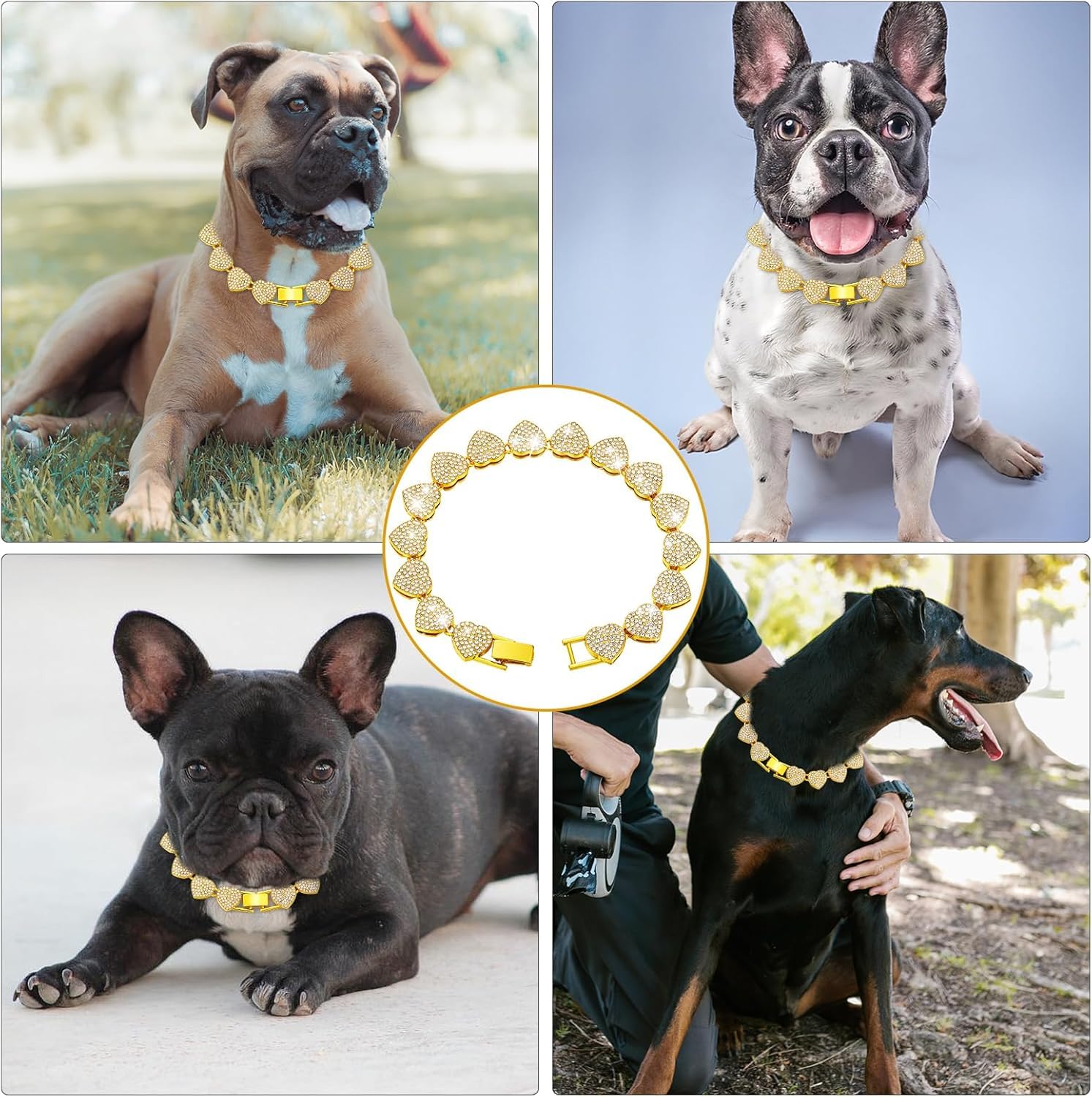 Pimaodog Dog Chain Collar, Heart Style Bling Diamond Cuban Link Dog Collars Glitter Chain Rhinestone Puppy Necklace For For Xxs