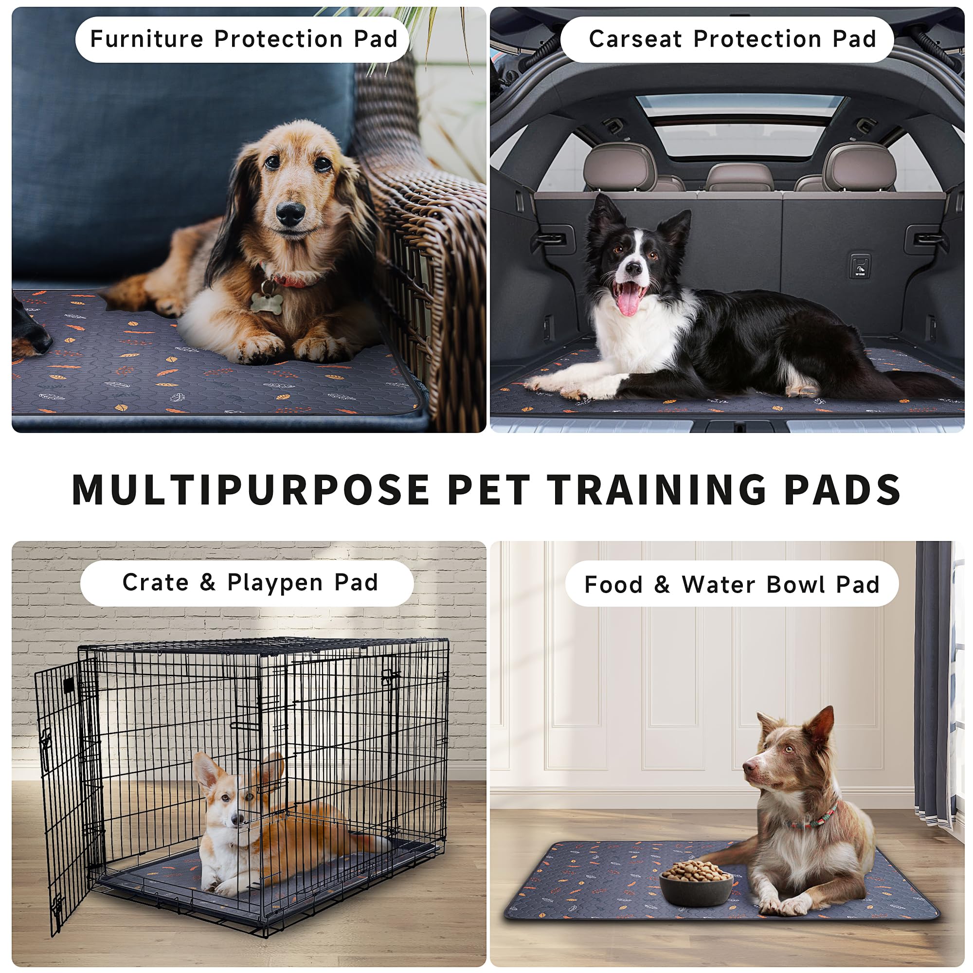 Sunheir Washable Pee Pads For Small Pet 5-Pack, Reusable Pet Training Pads Absorbent & Leak-Free, Waterproof Pee Pads For Dog Cat Rabbit Guinea Pig Hamster, Whelping Pad (Leaves - Deep Grey, 12X12)