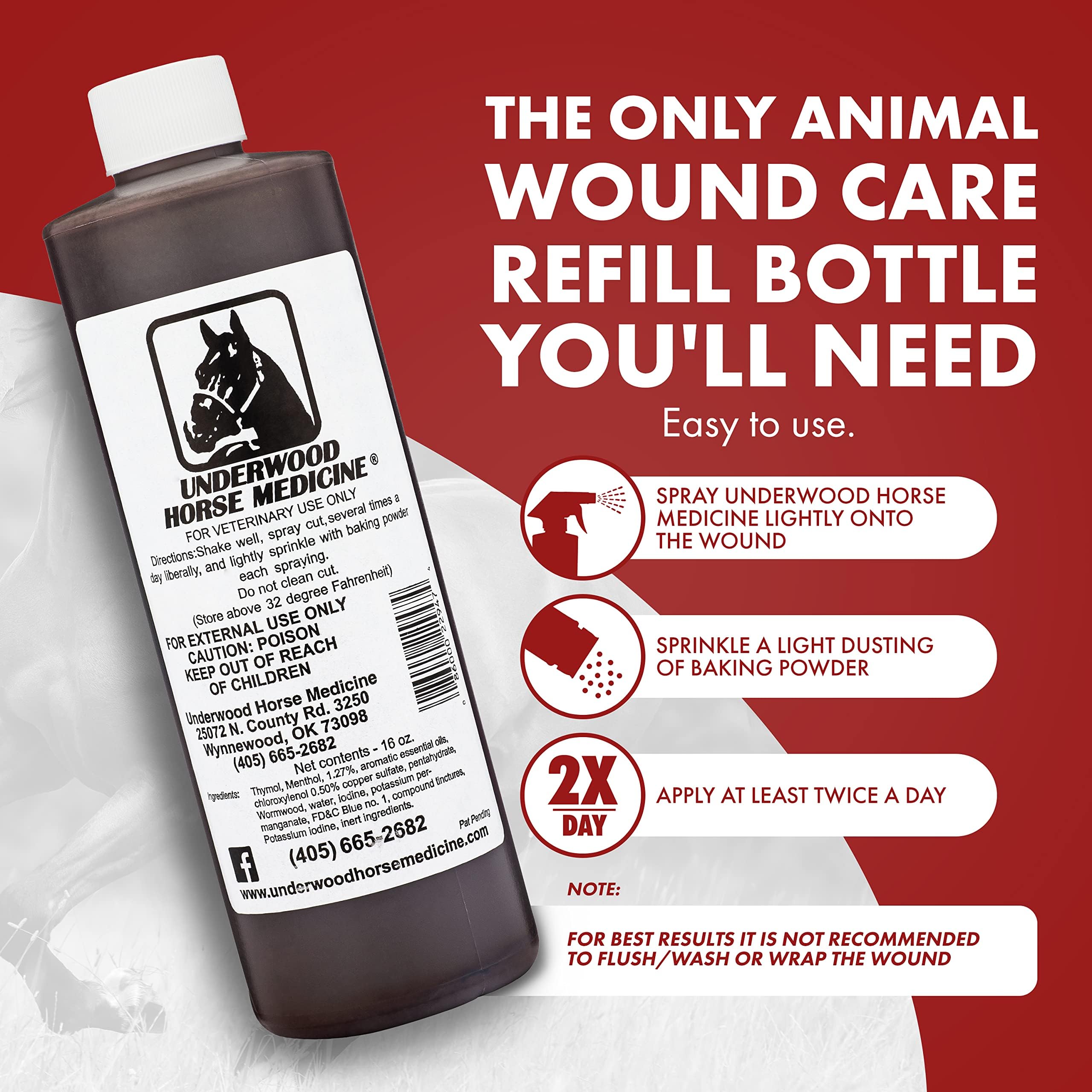 Underwood Topical Horse Care Wound Spray - 16oz Refill Horse Wound Care Horse Essentials for Quick Healing of Cuts - Horse First