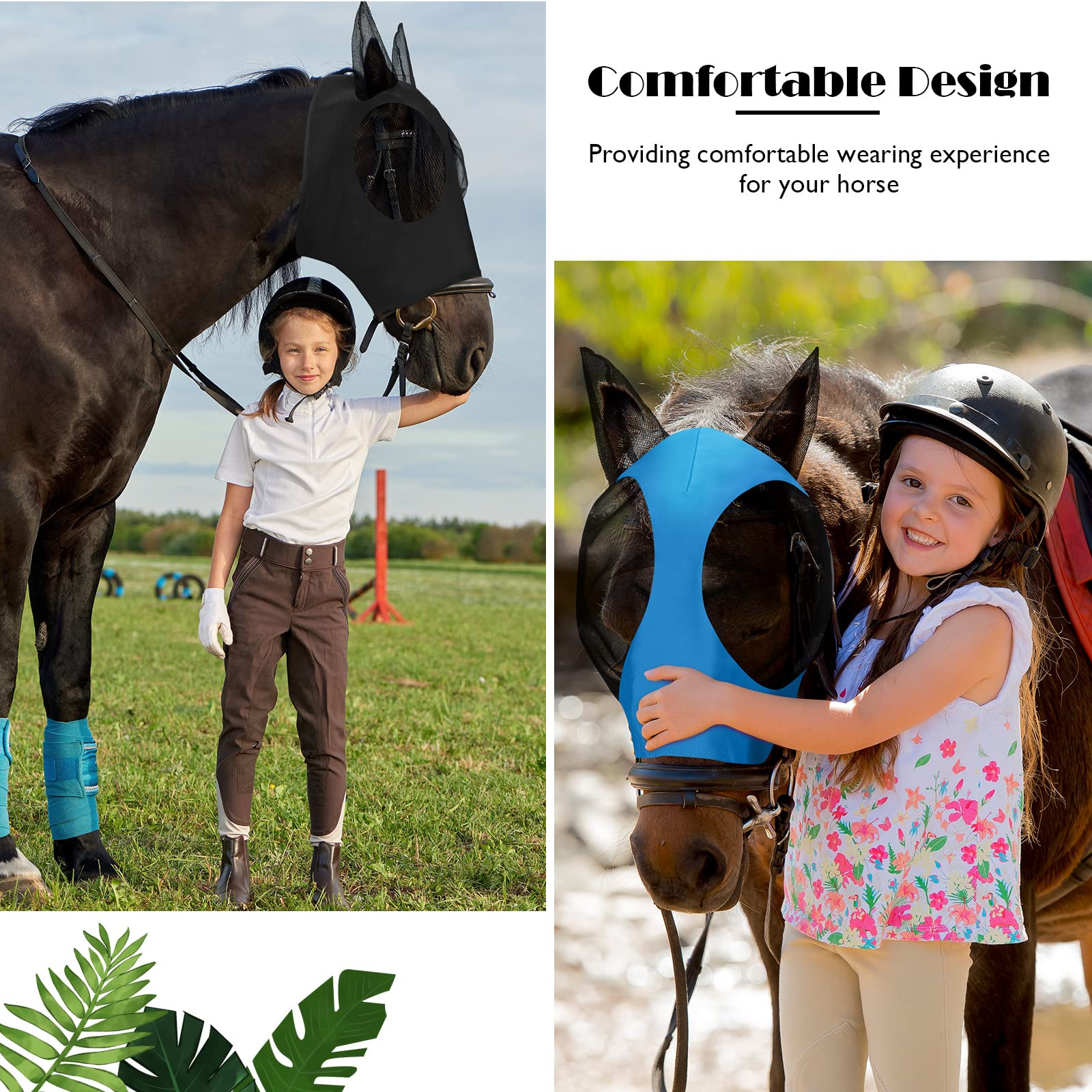 Weewooday 2 Pieces Horse Fly Masks for Horses Horse Mask with Ears Smooth and Elasticity Fly Mask with UV Protection(Blue, Black
