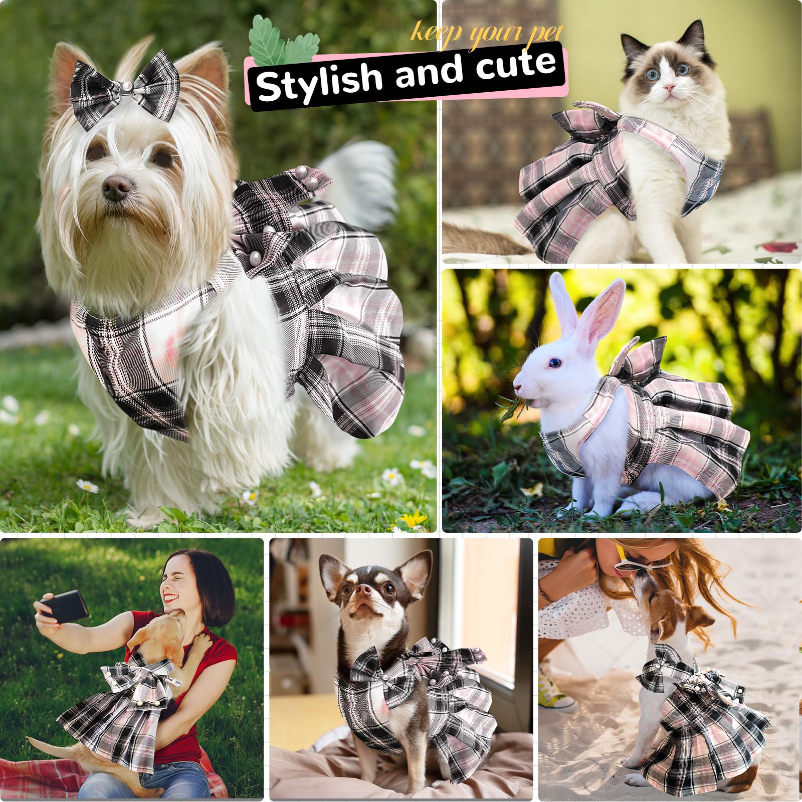 Petcare Cute Dog Dress Clothes For Small Dogs Cats Girl Female Pink Plaid Bow Tie Dog Harness Dresses Leash Set With Pearls Bow