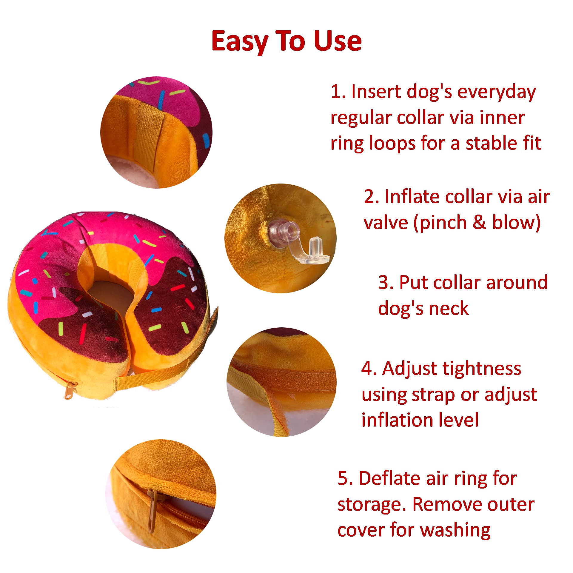 BusyPet Inflatable Dog Neck Donut Collar - Fleece Recovery Collar for Dogs, Medium Size, Donut Design