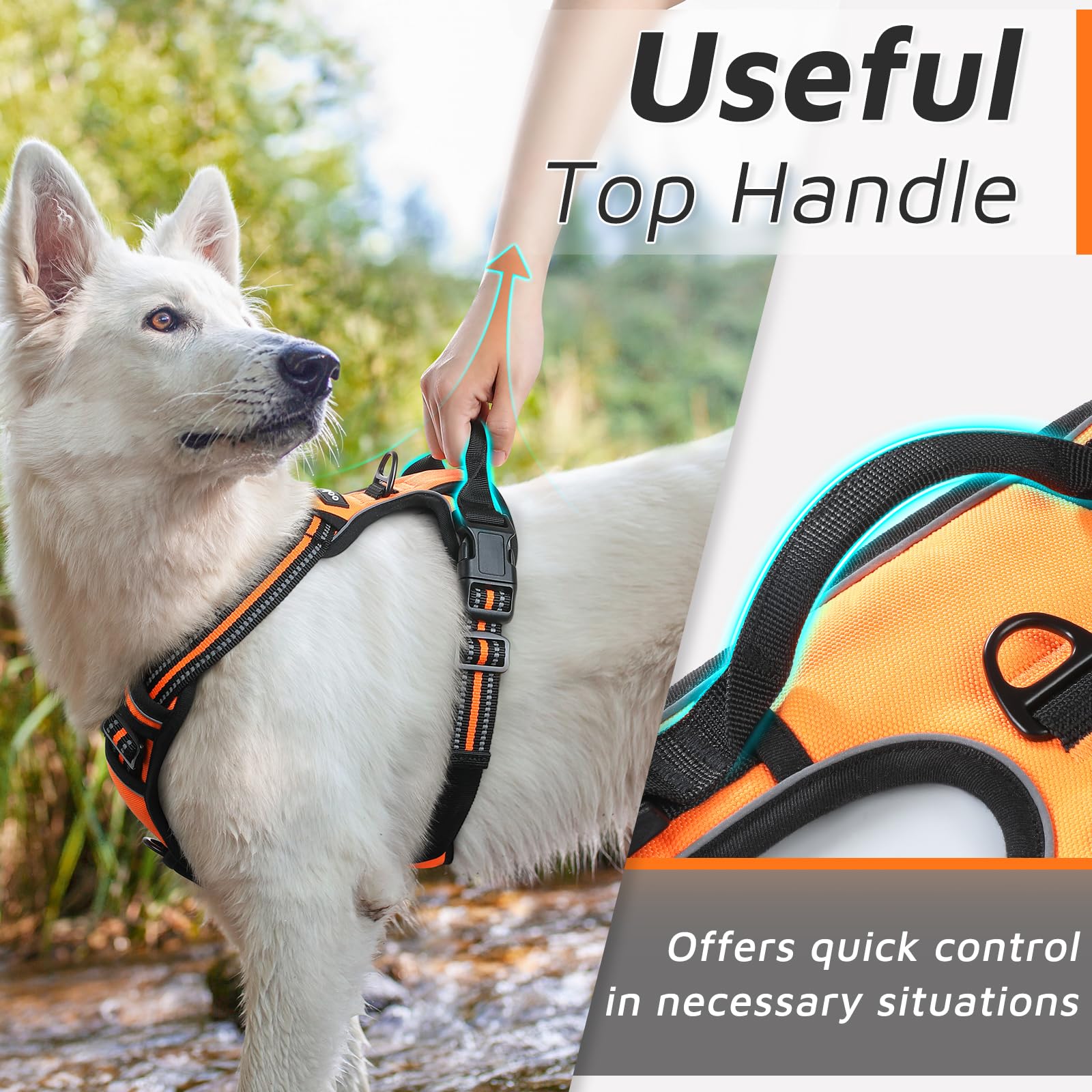 Eagloo Dog Harness For Large Dogs, No Pull Service Vest With Reflective Strips And Control Handle, Adjustable And Comfortable For Easy Walking, No Choke Pet Harness With 2 Metal Rings, Orange, L