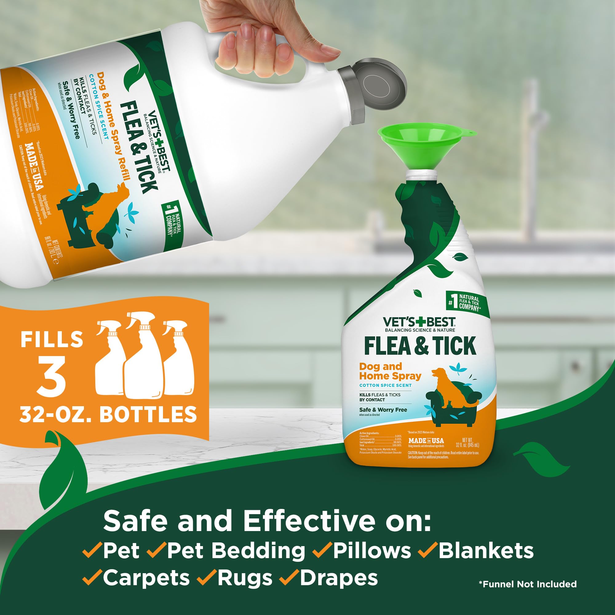 Vets Best Flea & Tick Home Spray Refill for Dogs, Cotton Spice Scent Dog Flea & Tick Aid, Made in The USA, Flea & Tick Home Spr