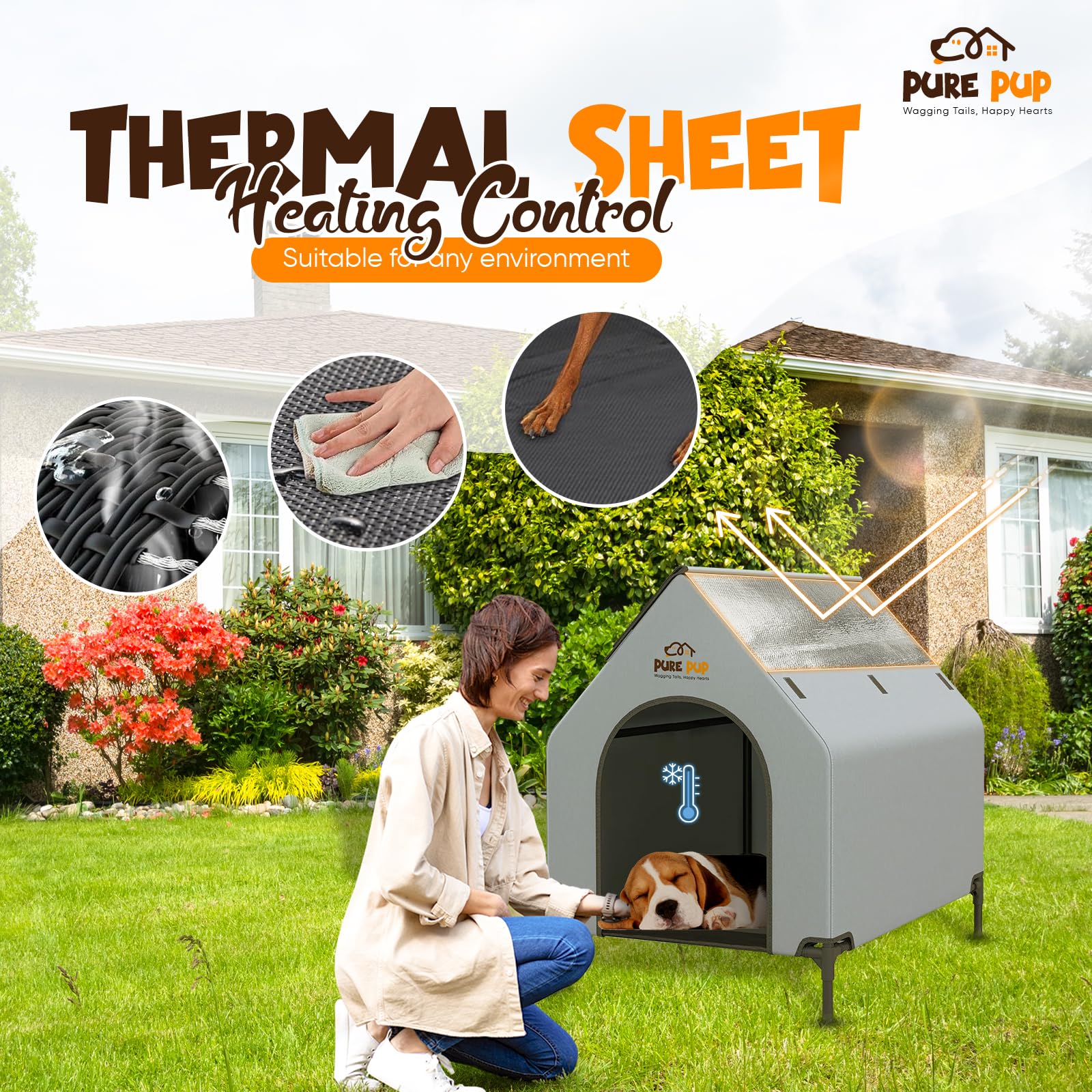 Pure Pup Outdoor Dog House With Elevated Bed, Weatherproof Canopy, Breathable Mesh Fabric With Windows - Ideal Shelter For Breed