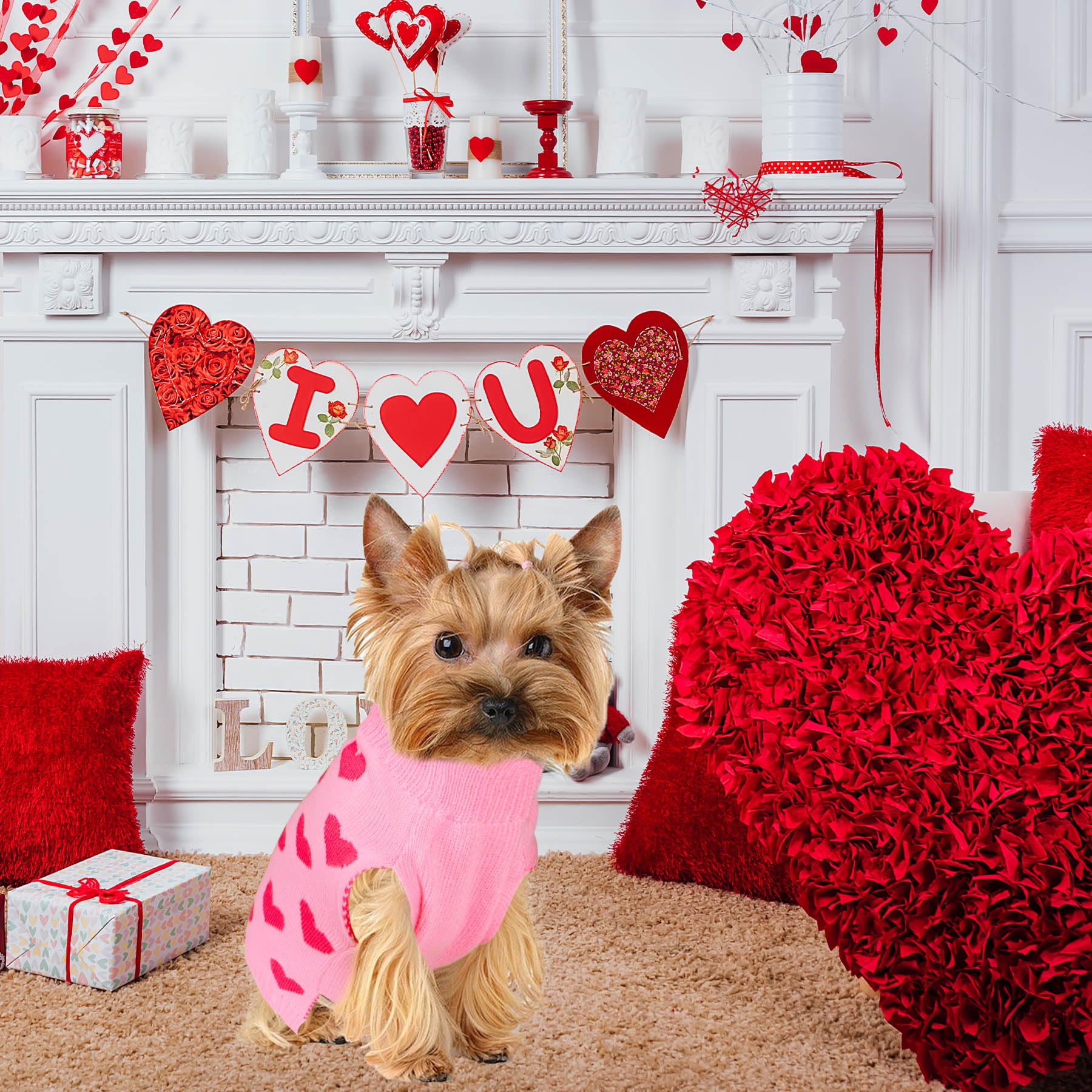 Goyoswa Valentine Dog Sweater Dog Valentines Clothes Outfit Knitted Heart Sweater For Small Medium Large Dogs Pets (Pink, X-Larg