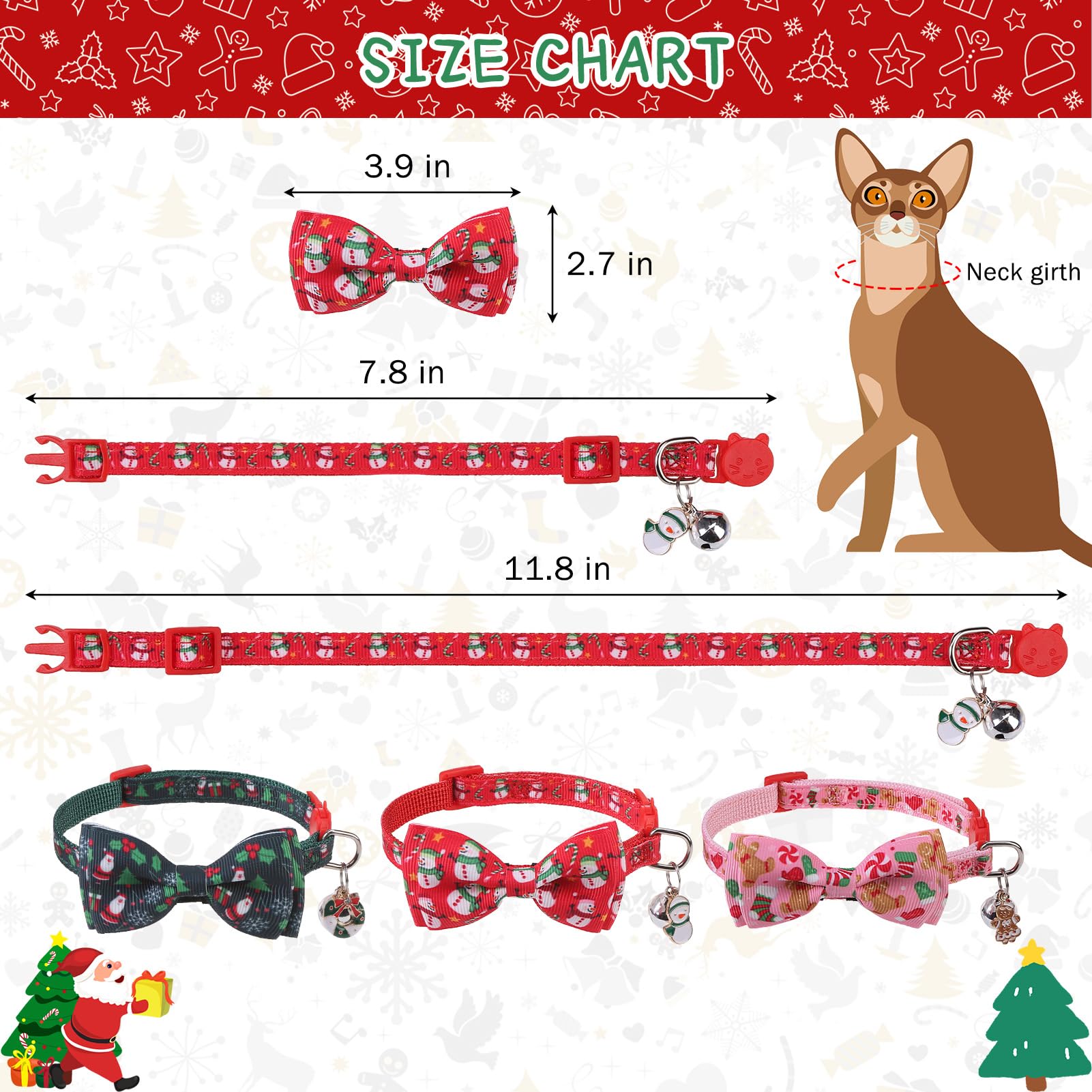 Scenereal Cat Collar Breakaway With Bell And Bowtie, 3 Pack Cute Holiday Cat Collars, Xmas Kitten Collar Adjustable Safety Buckl