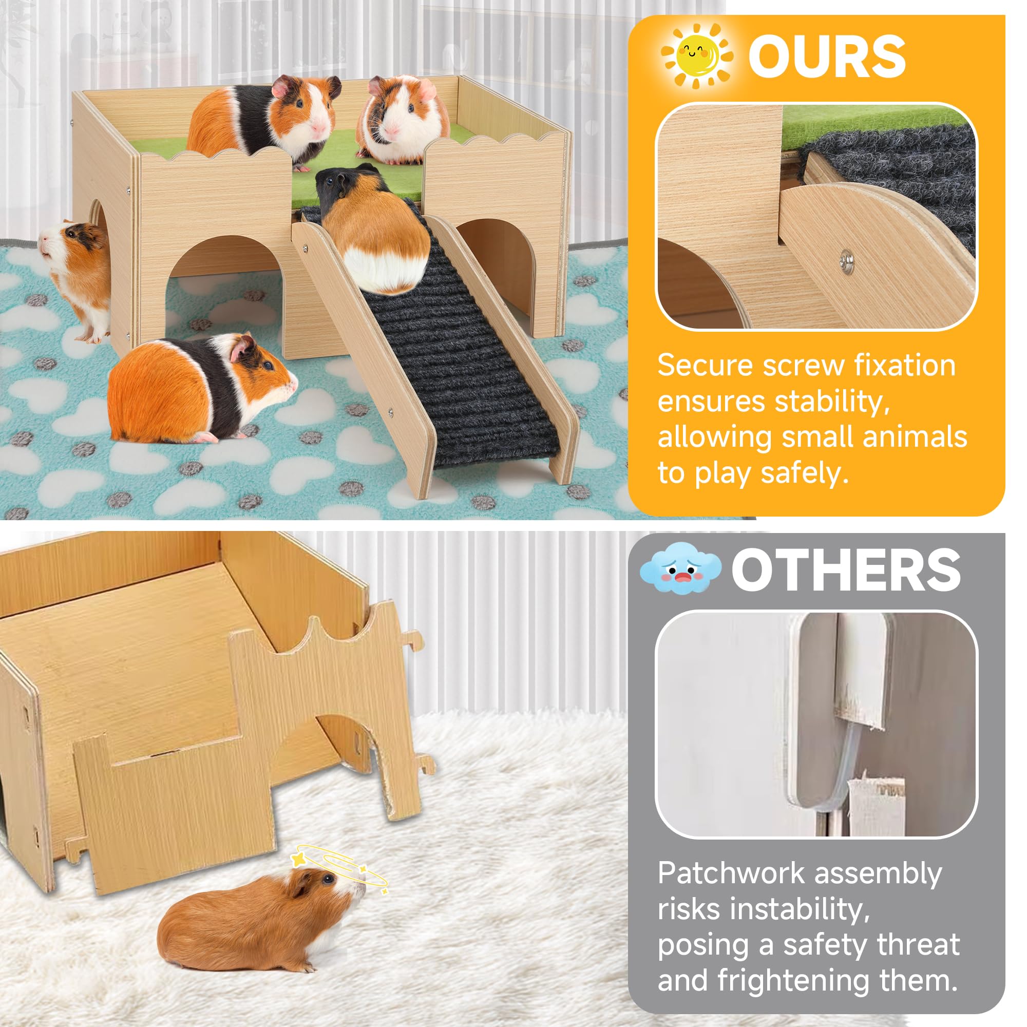 Wooden Guinea Pig Hideout Castle With Stairs,Small Animal Bed Hut Habitats Spacious 2-Level Detachable Small Pet House For Rabbi