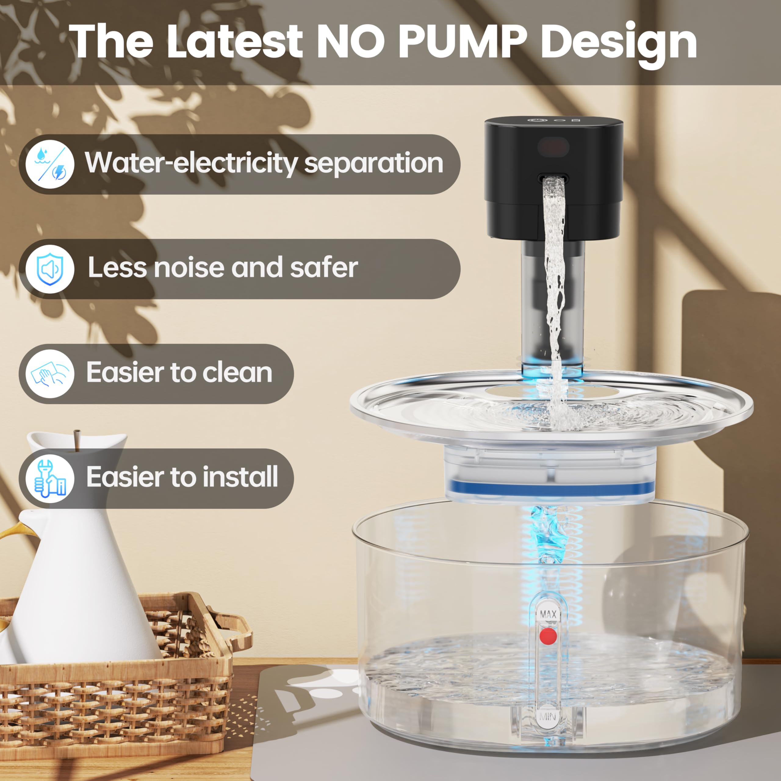 Virtulance No Pump Cat Water Fountain With 3 Filter - 3.2L/108Oz Stainless Steel No Pump Pet Water Fountain, Cordless No Pump Wa