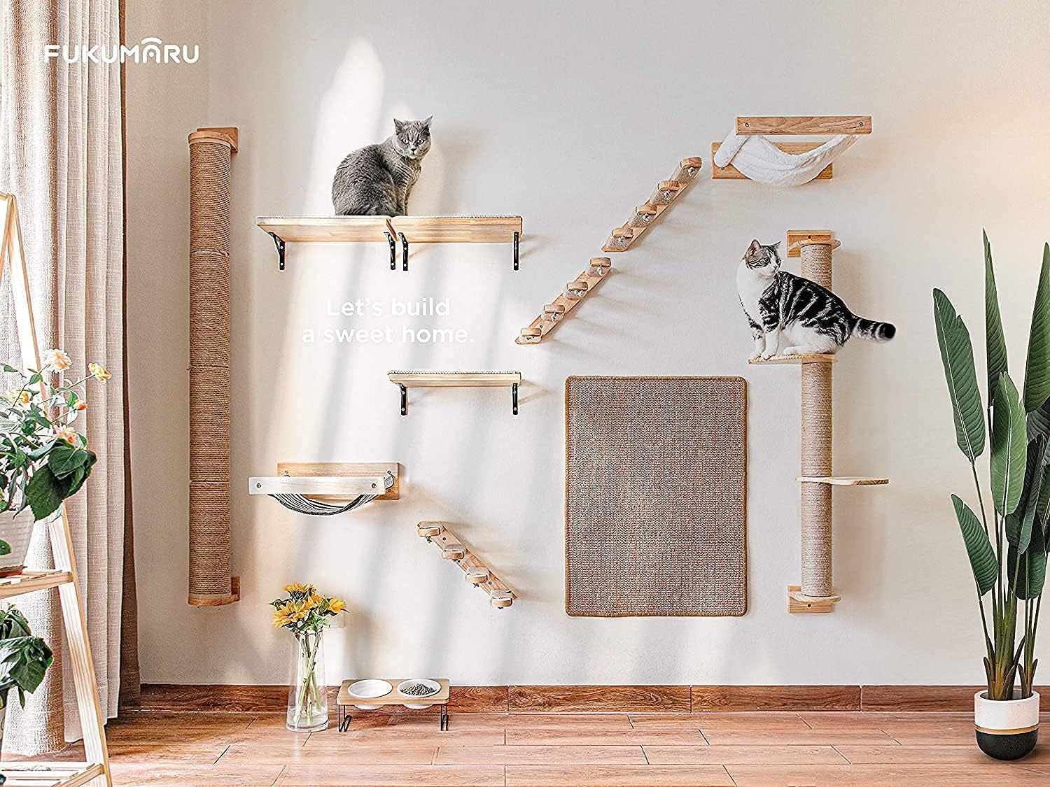 Fukumaru Cat Activity Tree With Scratching Posts, Wall Mounted Jute Scratcher Pine Hammock