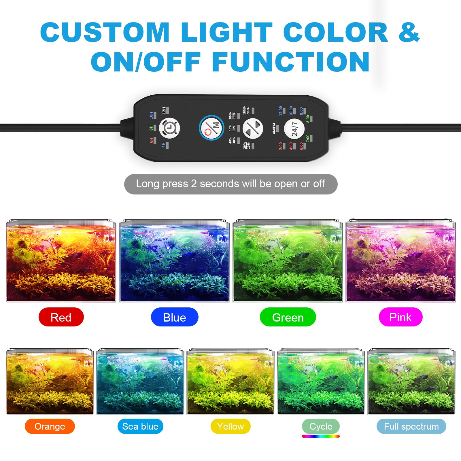 SEAOURA 24/7 LED Aquarium Light - 42W, 7 Colors, Adjustable Timer for 48-54" Tanks, Black, Model SR-618, Aluminum