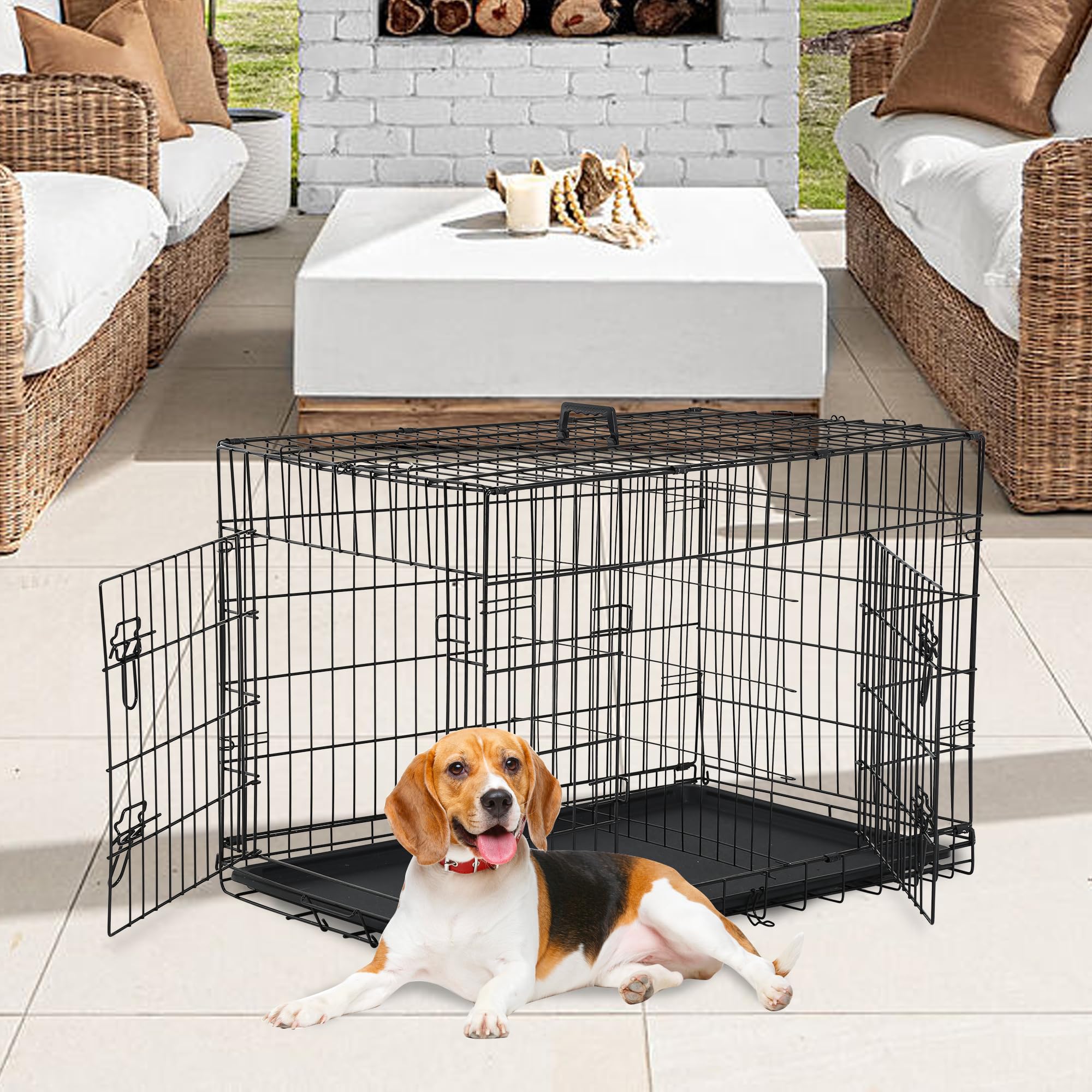FDW Dog Crate Dog Kennel Cage with Double Door,36 inch Folding Metal Wire Dog Cage with Removable Tray&Divider Panel,Pet Crate f
