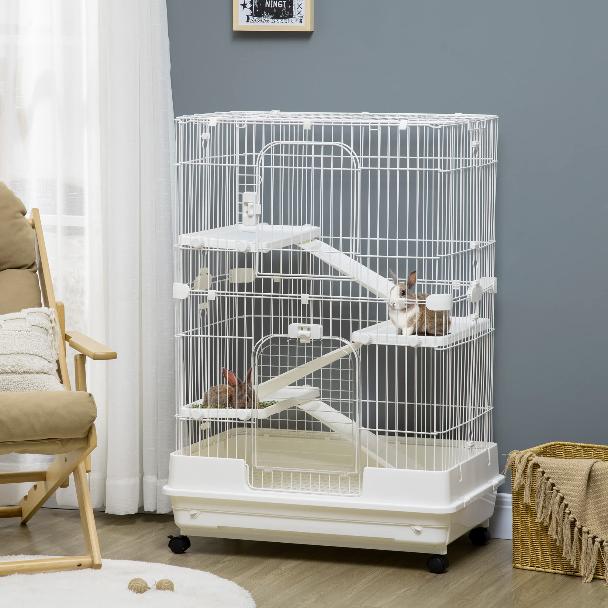 Pawhut 4-Level Small Animal Cage Rabbit Hutch With Wheels, Removable Tray, Platform And Ramp For Bunny, Chinchillas, Ferret, Whi