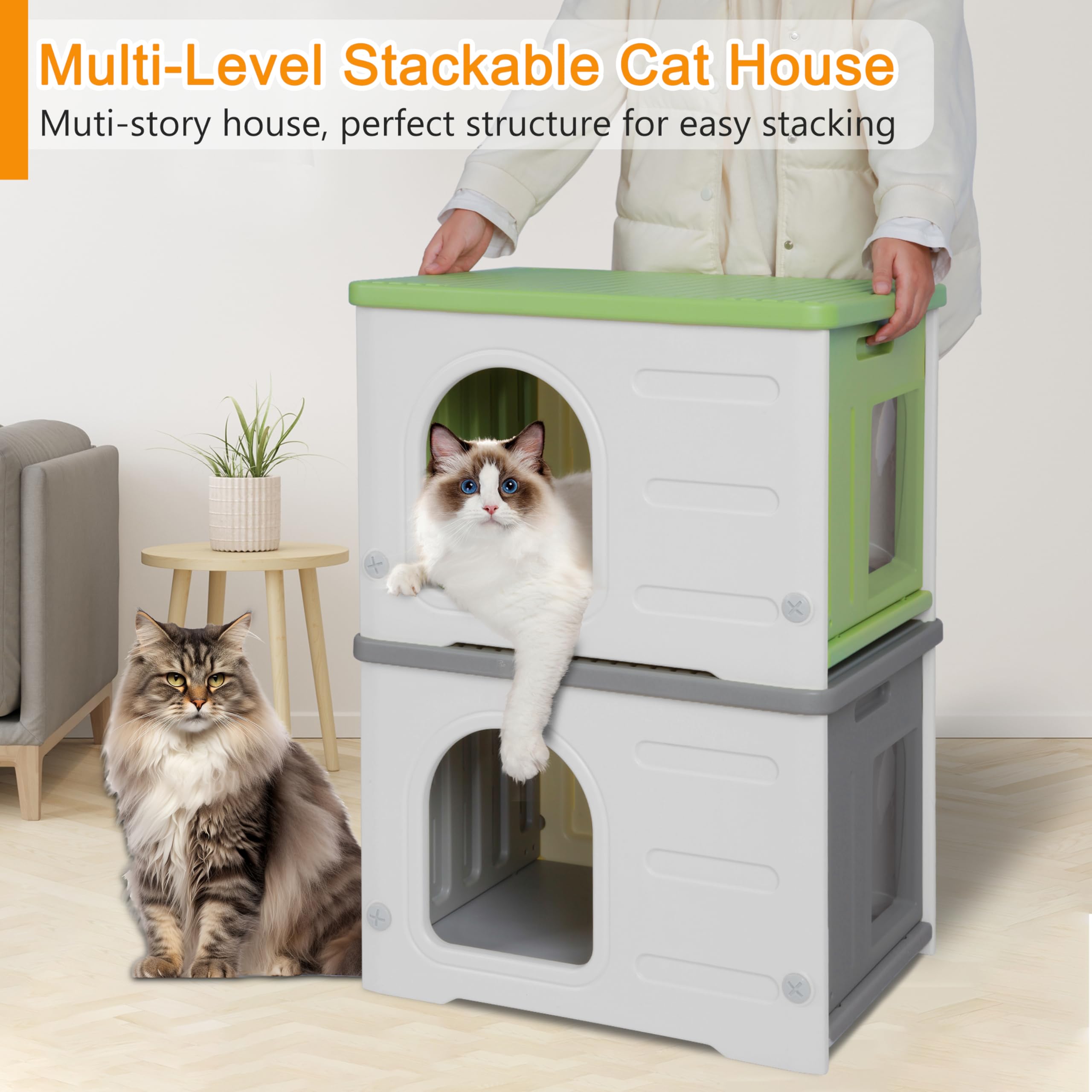 Rockever Cat House - Insulated Plastic Outdoor/Indoor Feral Cat Shelter, Waterproof, Grey, Model RO4010