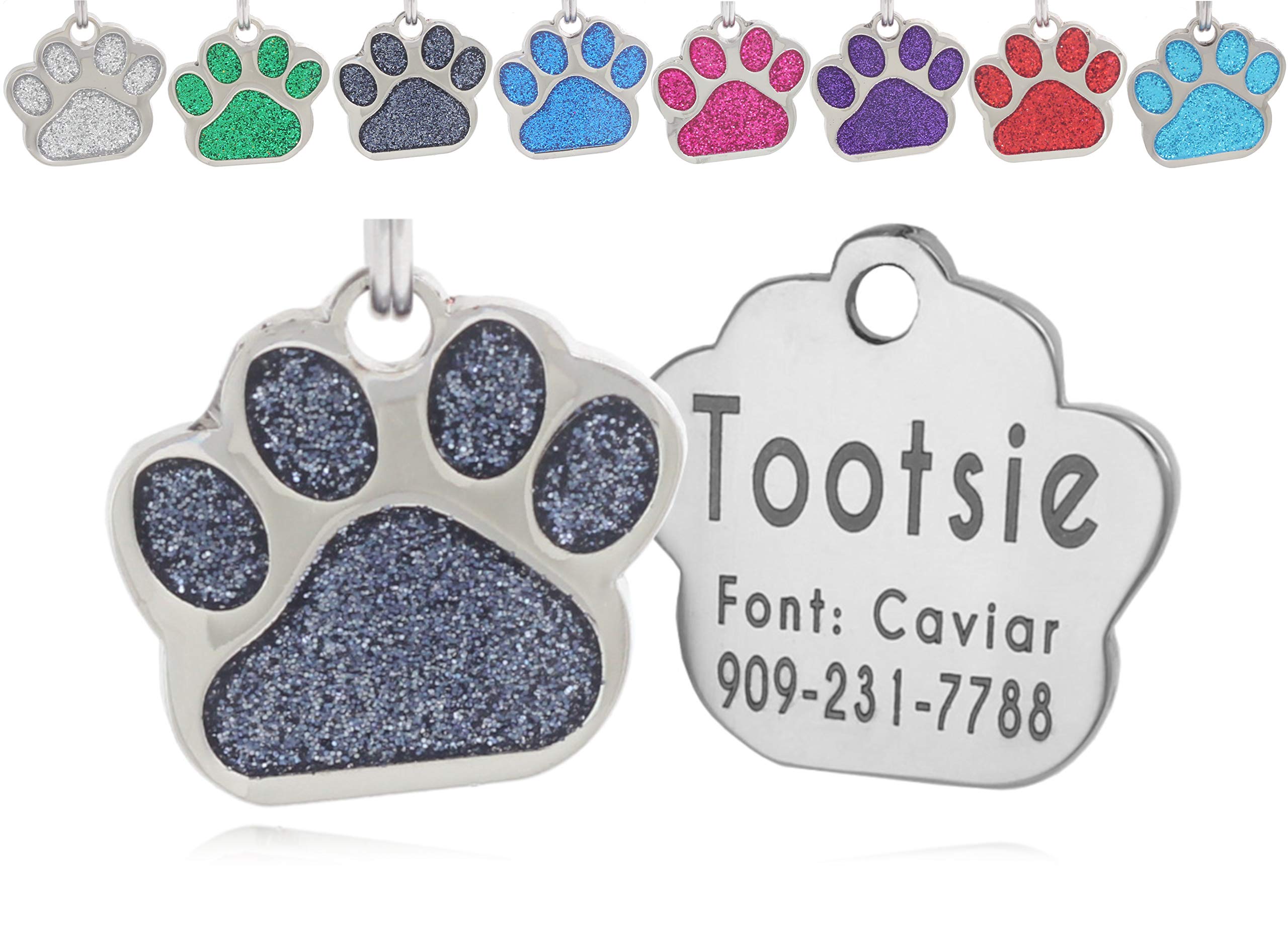 Io Tags Pet Id Tags, Personalized Dog Tags And Cat Tags, Custom Engraved, Easy To Read, Cute Glitter Paw Pet Tag (Black)