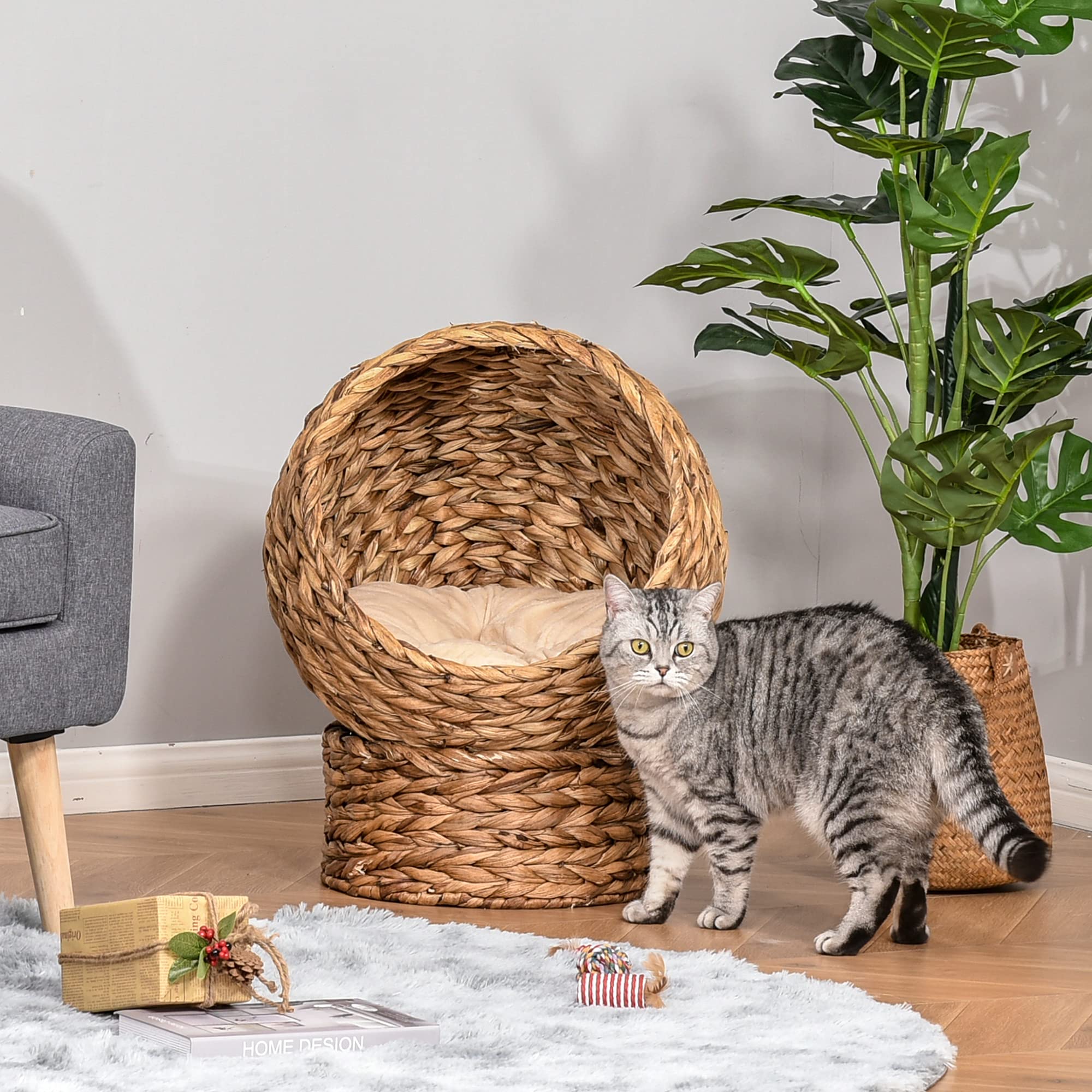 Pawhut Handwoven Elevated Cat Bed With Soft Cushion & Cat Egg Chair Shape, Cat Basket Bed Kitty House With Stand, Raised Wicker Cat Bed For Indoor Cats, 23.5' H, Brown