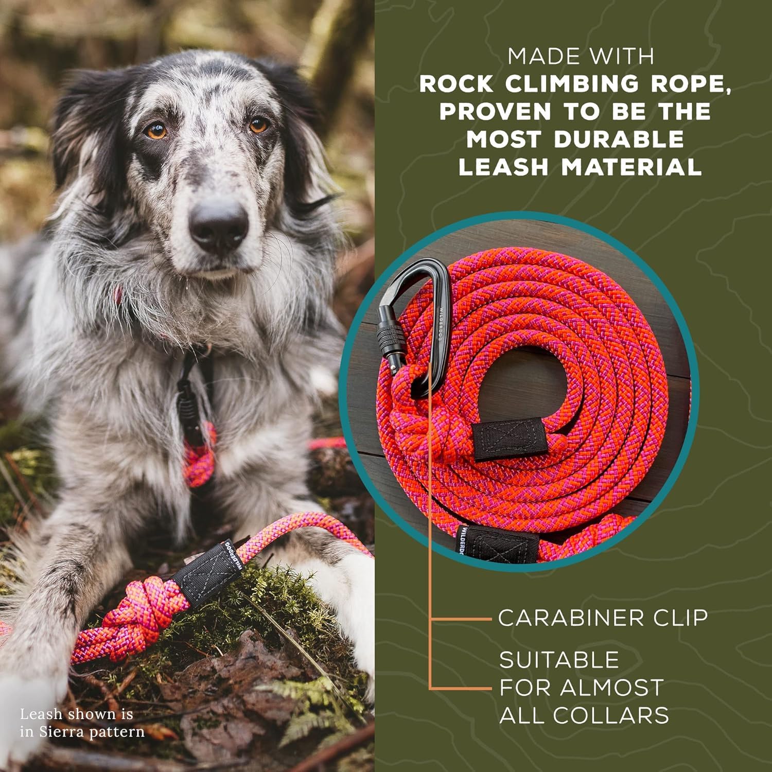 Wilderdog Carabiner Climbing Rope Dog Leash For Medium & Large Dogs - 5Ft - Sierra