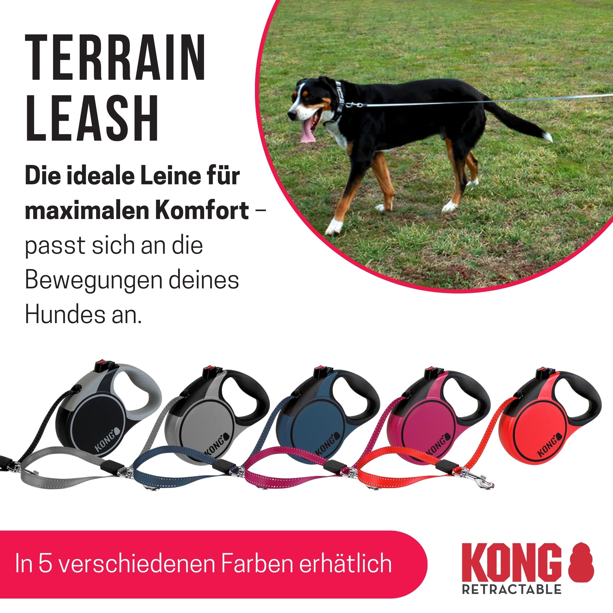 Alcott KONG Terrain Retractable Dog Leash, Medium, Grey, 16' Long.