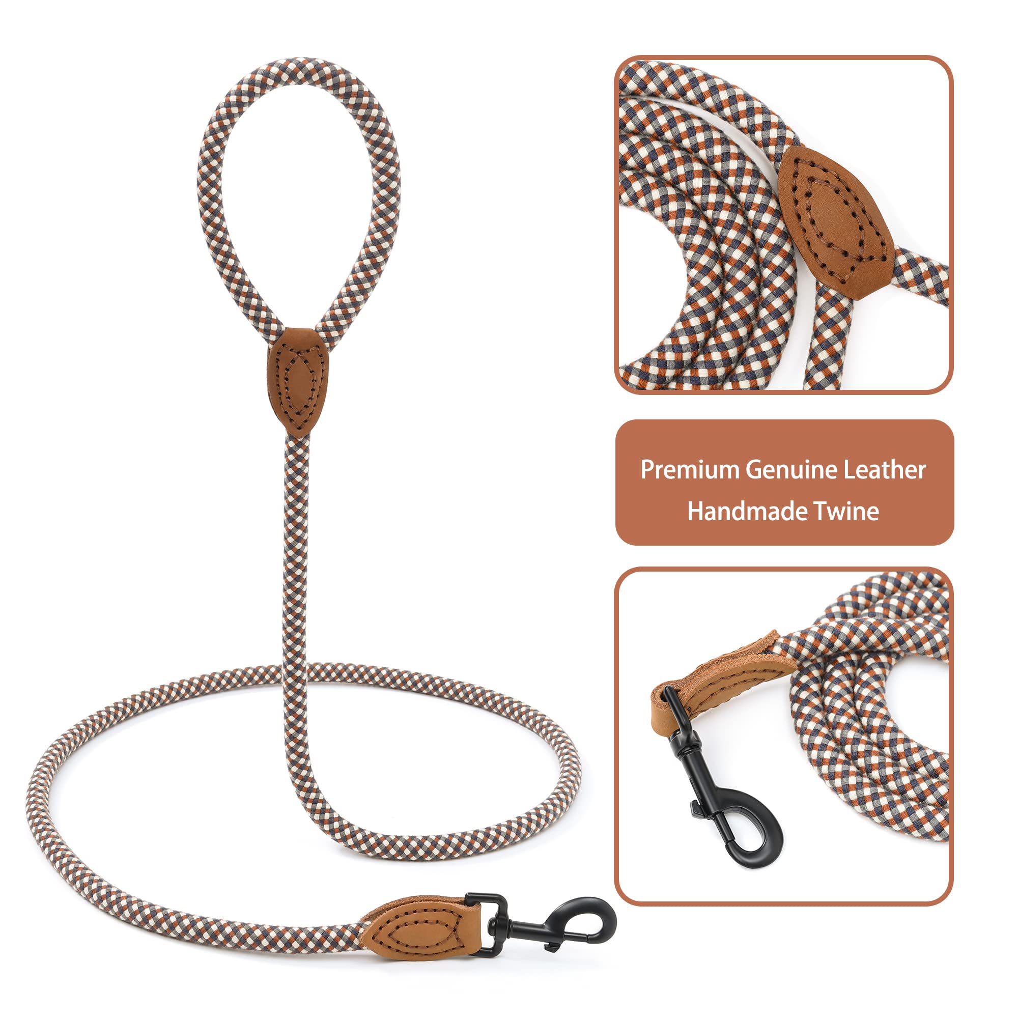 Mile High Life Rope Leash With Genuine Leather Connection, 6 Ft/5 Ft/4 Ft, Heavy Duty Leash For Medium & Large Dogs (Brown, 60 I