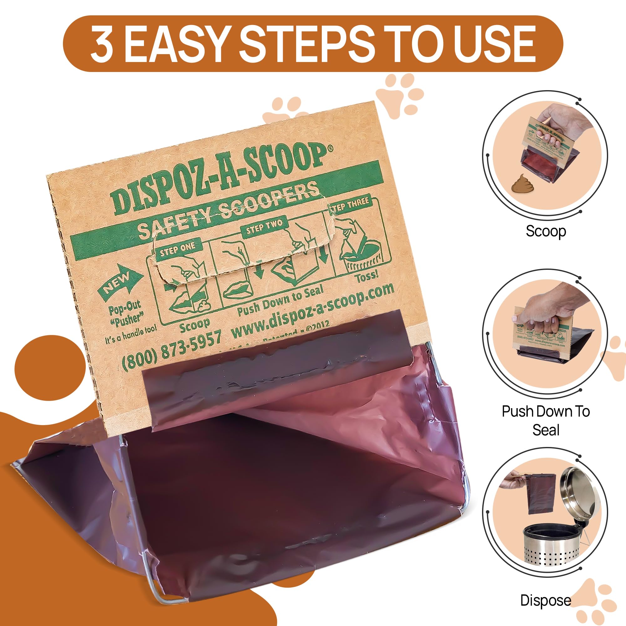 Healthpro Prods. Dispoz-A-Scoop® 96 Pack Portable Dog Pooper Scooper with Bag Attachment, No-Touch Solution for Large & Small Dogs, Brown