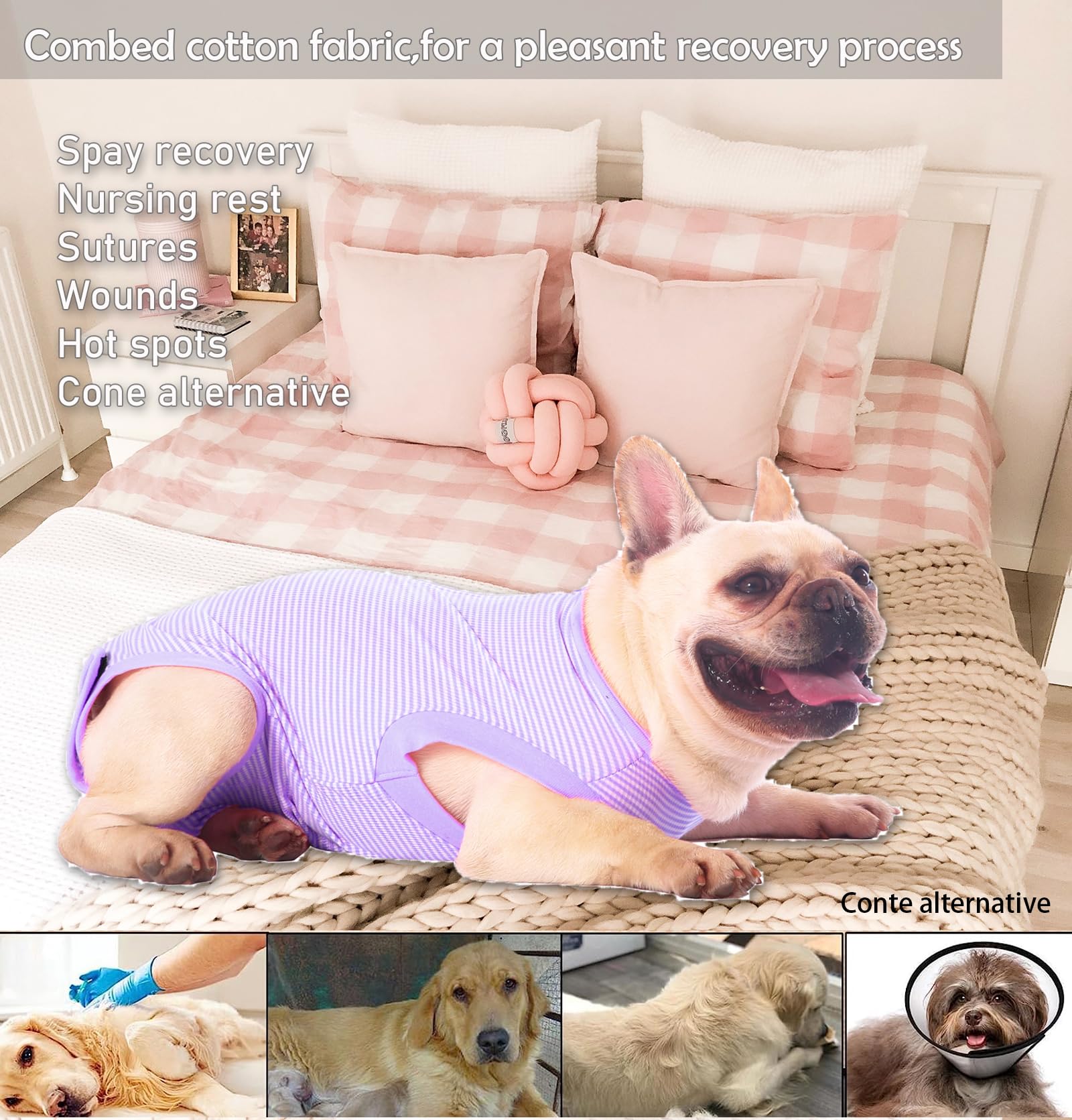 Sychien Dog Recovery Suit Purple Female Spay Surgical Small Shirt, Male Surgery Recovery Suit,Purple-White Striped Xs