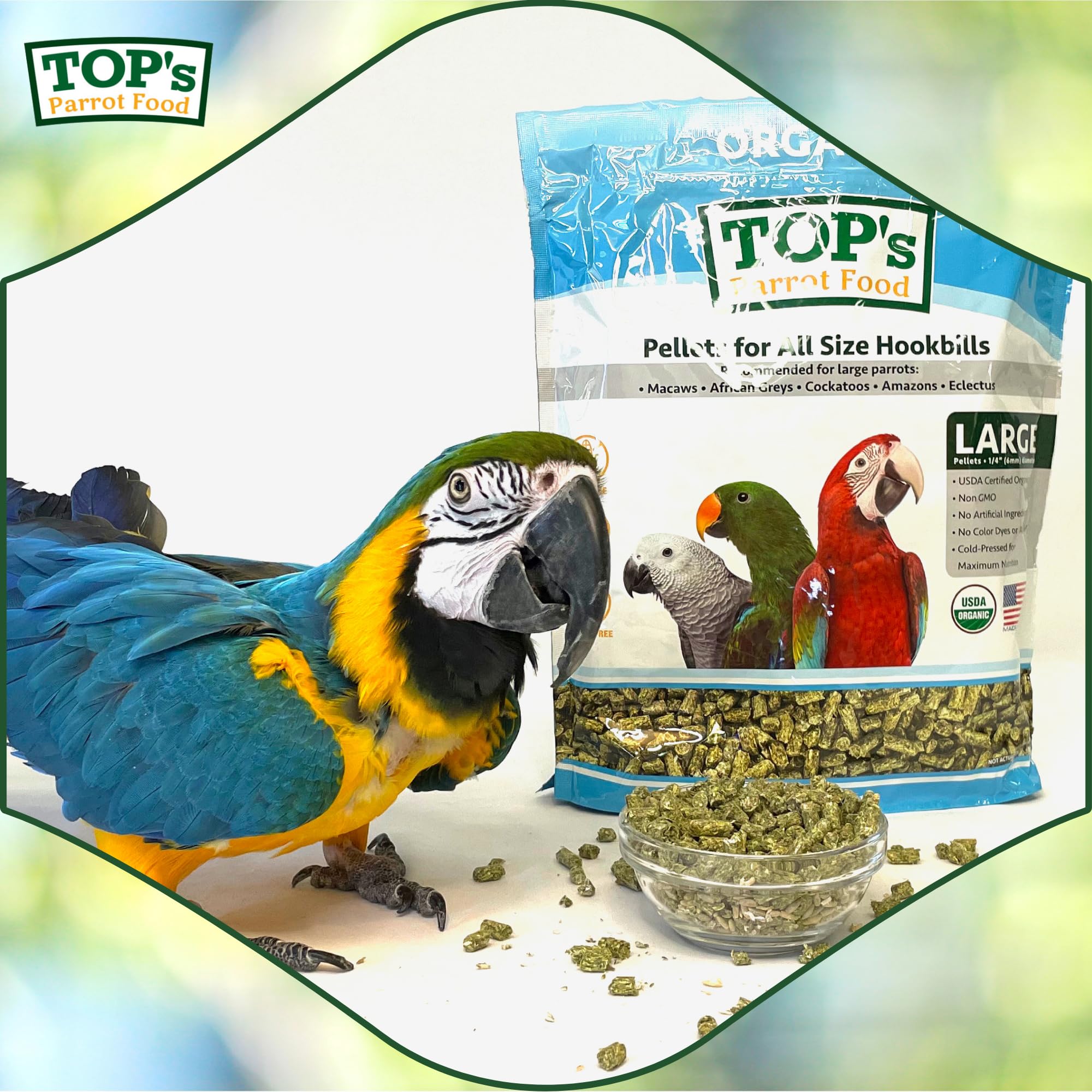 TOPs Parrot Food Pellets Hookbills, Small, Medium and Large Parrots - Non-GMO, Peanut Soy & Corn Free, USDA Organic Certified -