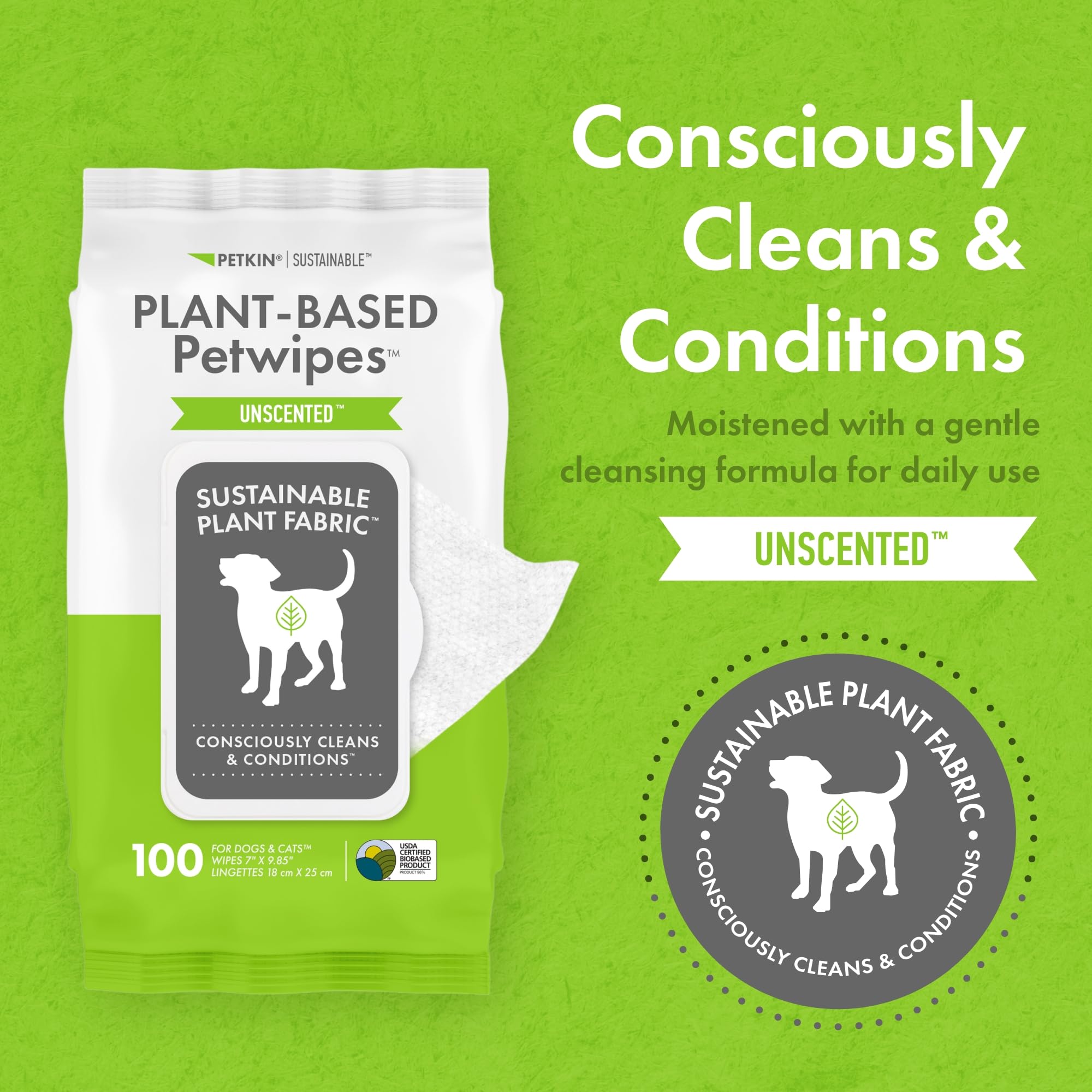 Petkin Plant-Based Petwipes, 100 Wipes, 2 Pack - Biobased, Sustainable, Big & Thick Pet Wipes For Dogs & Cats - For Face, Paws,