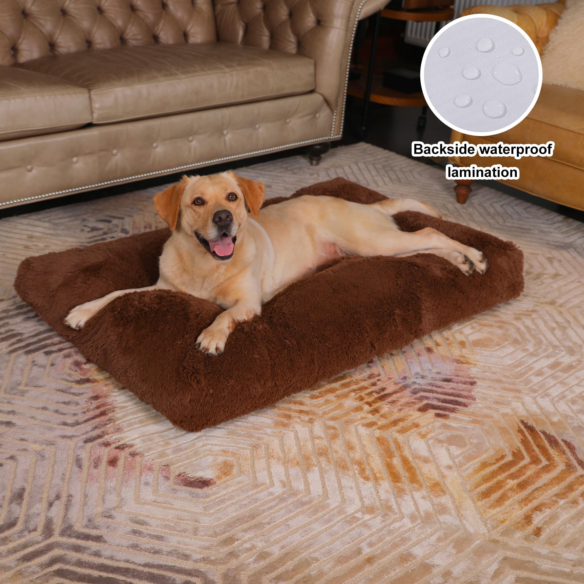 Bedfolks Waterproof Dog Crate Bed & Pad, Faux Fur, Xxl (47''X29''), Washable, Solid Brown