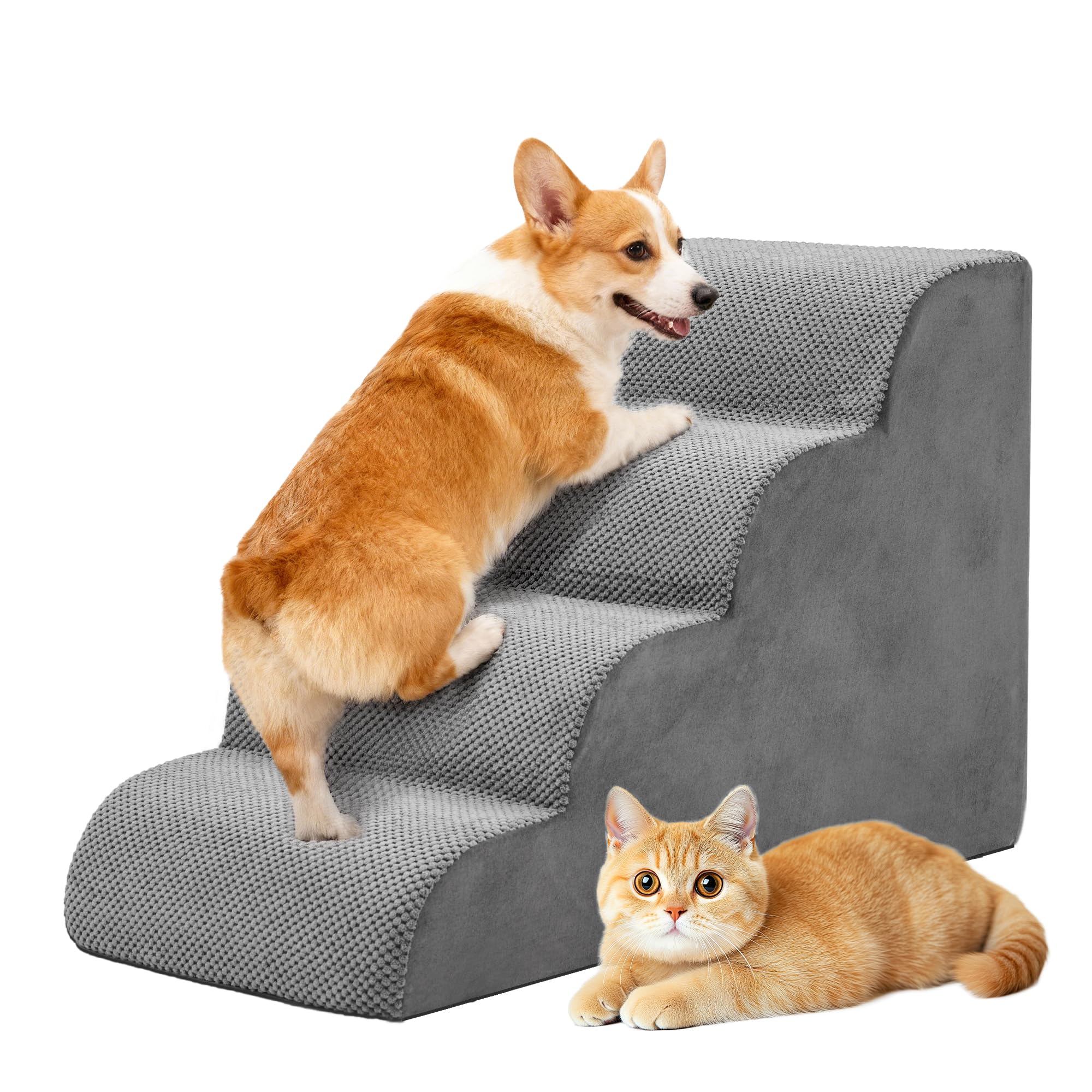 DUMOS Dog Stairs Ramp for Small Dogs and Cats, 4-Step Curved Pet Dog Steps with High-Density Foam for Puppy and Older Cats, Indo