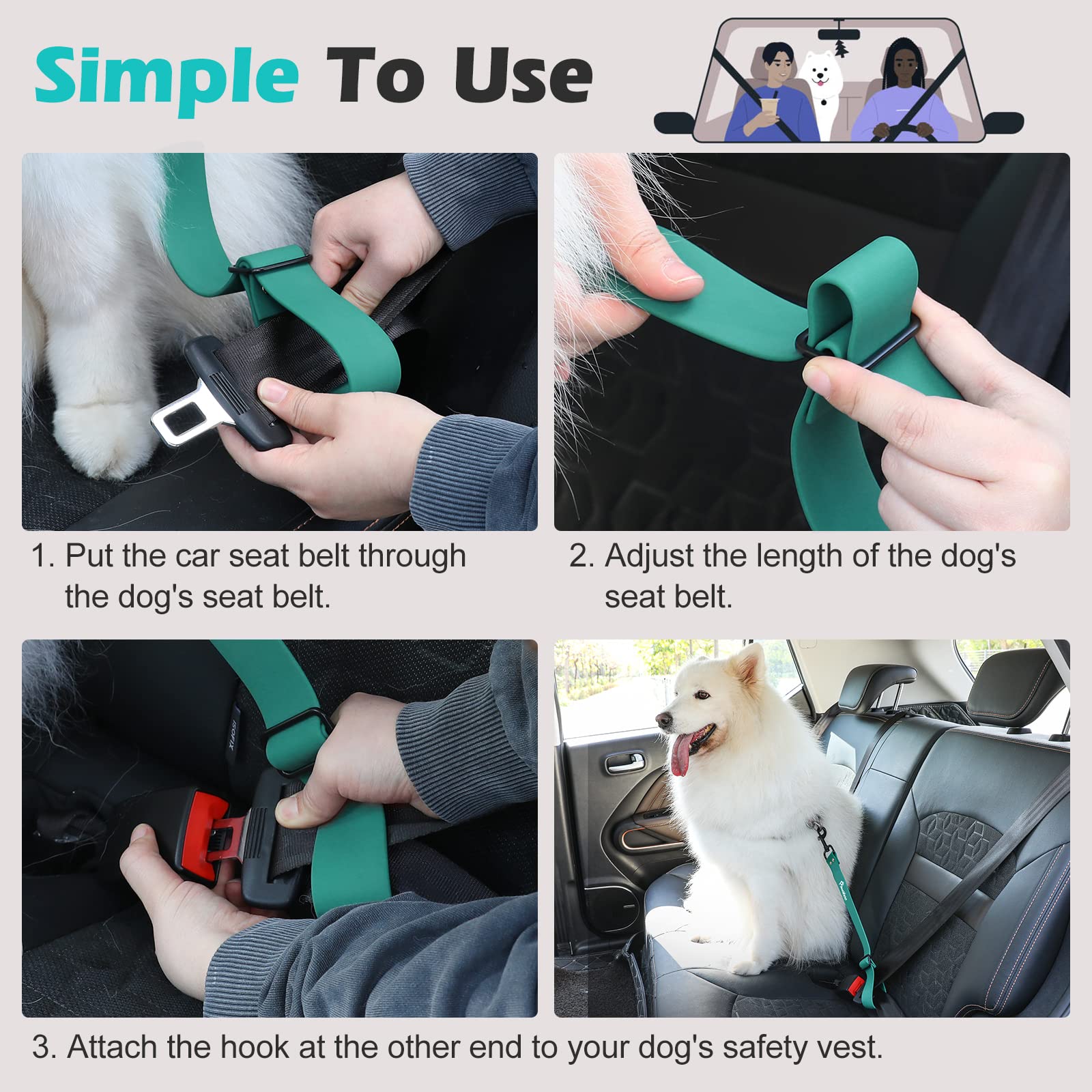 Pawaboo Dog Car Seatbelt, Universal Pet Safety Belt, Chew-Proof Dog Car Restraint With Adjustable Strap, Nylon Woven Belt & Pvc Shell Dog Seatbelt Harness, Dog Leash With 360° Hook, 20 In, Dark Green