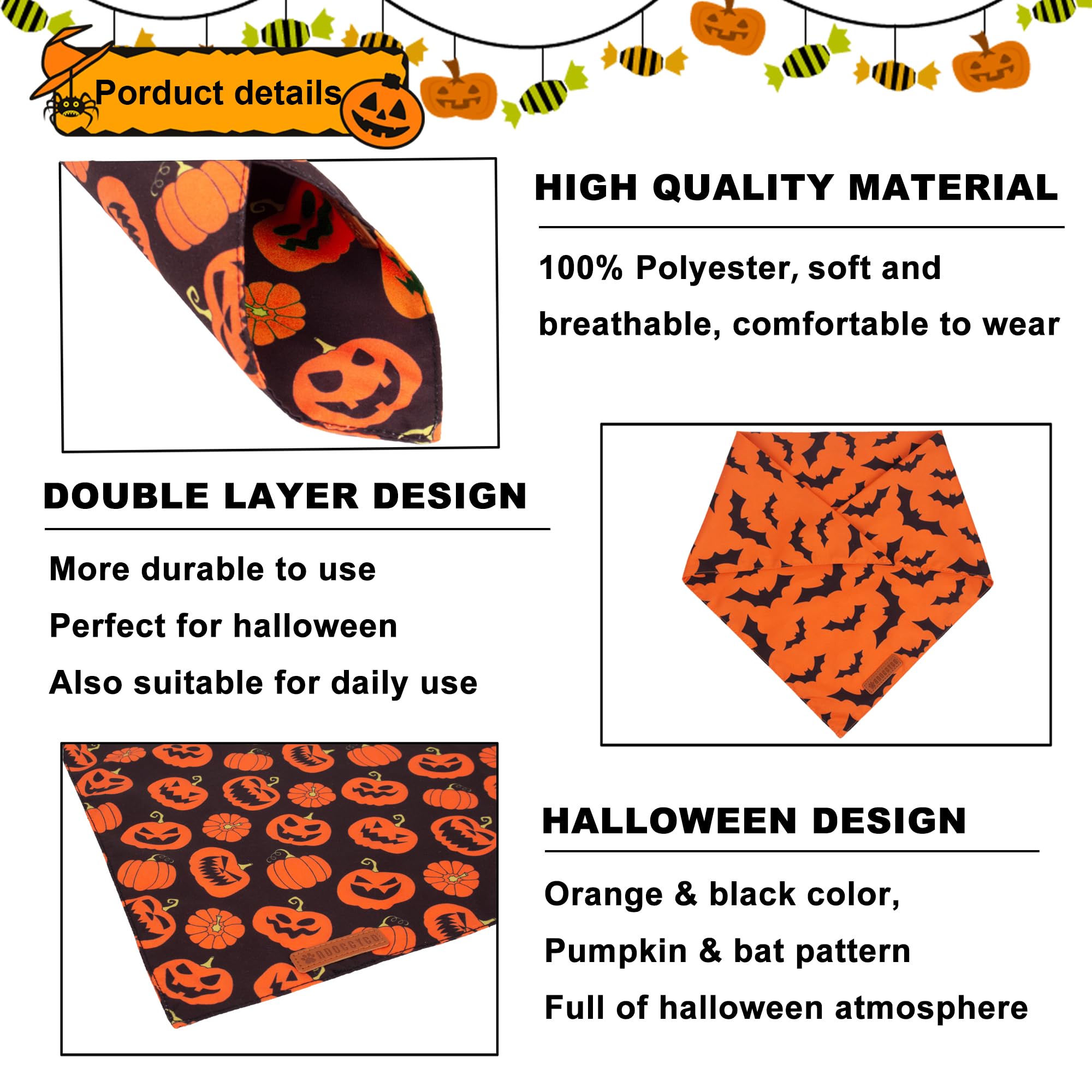 Adoggygo Halloween Dog Bandana, Pumpkin Bat Design X-Large Dog Scarf, Premium Durable Fabric, Orange Black Dog Halloween Bandanas For Large And Extra Large Dogs Pets (X-Large, Halloween)