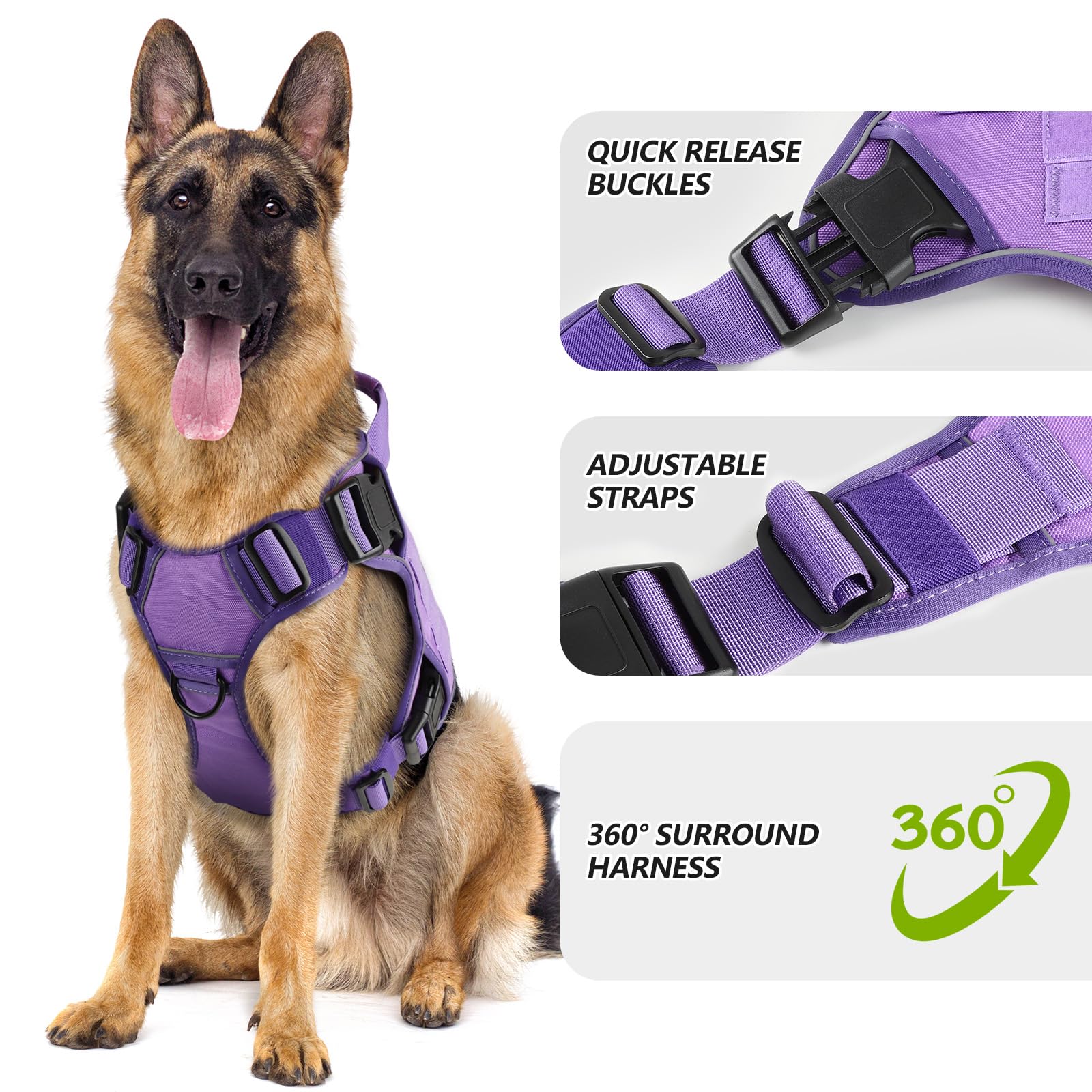 Wingoin Purple Harness With Handle Tactical Dog Harness Vest For Large Medium Dogs No Pull Adjustable Reflective K9 Military Dog Vest Harnesses For Walking, Hiking, Training(M)