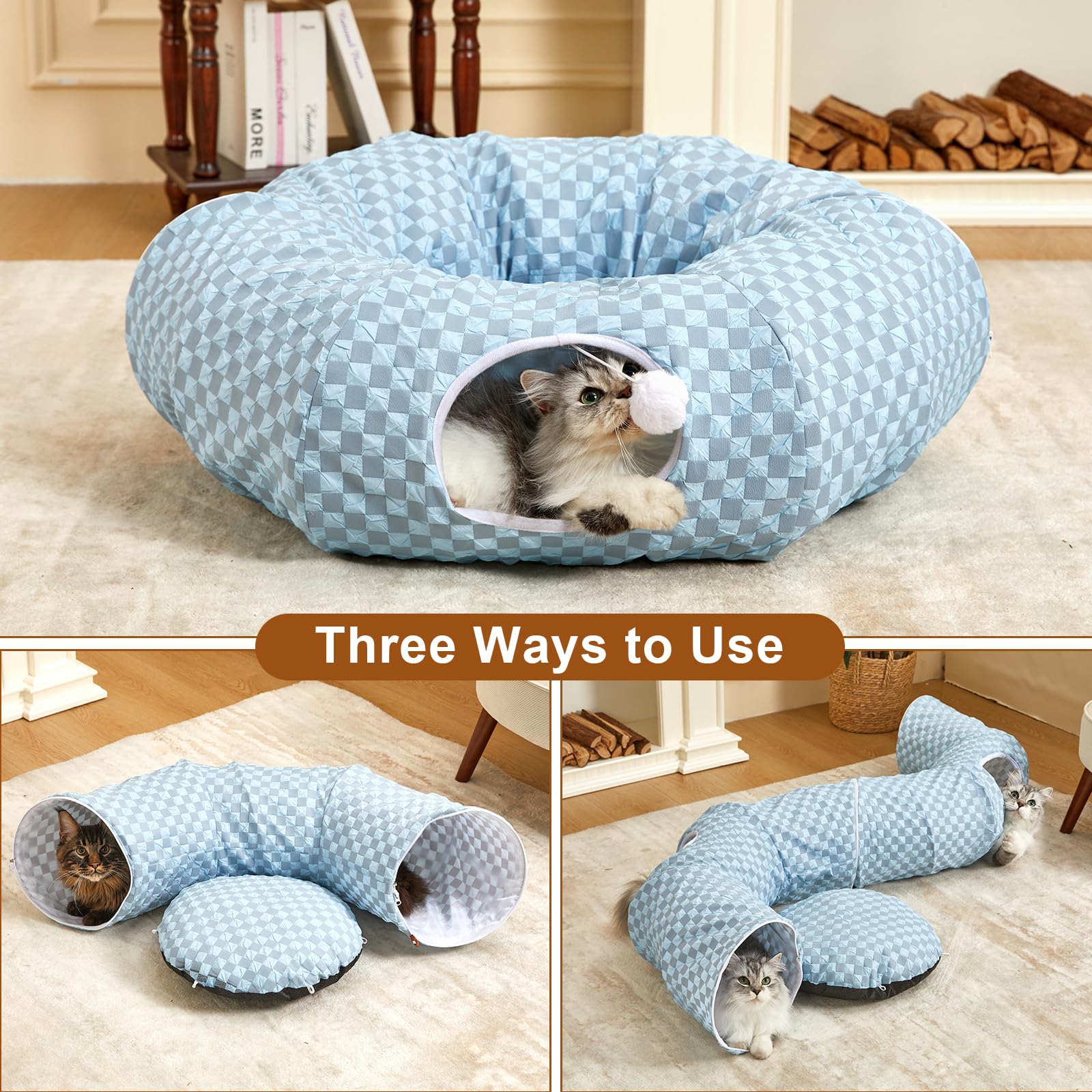 Bininl Tunnel Bed For Indoor Cats Peekaboo Cave Donut For Cat With Washable Circle Cushion Interior Cat Play Tunnel Light Blue